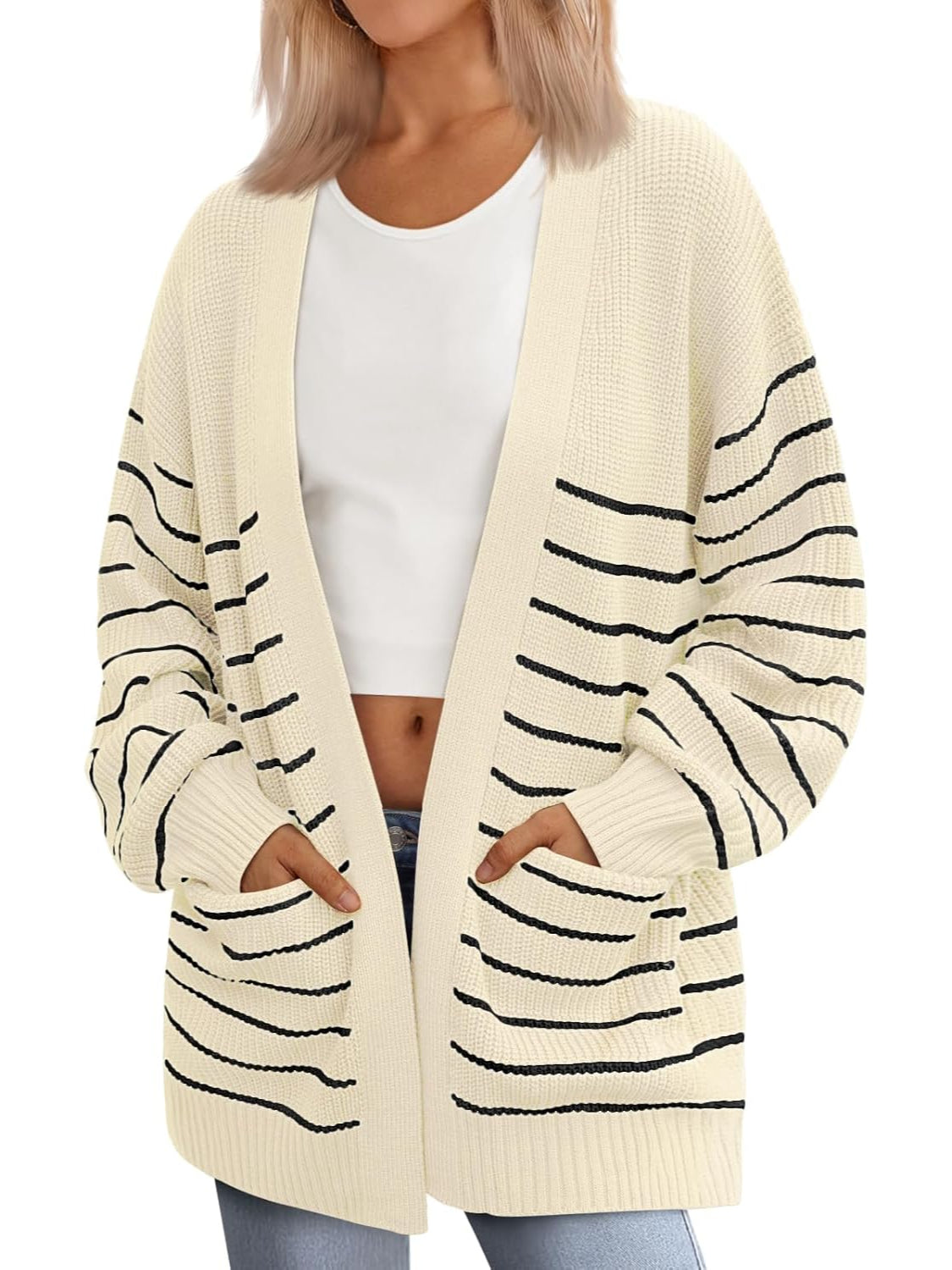 Oversized Striped Knit Cardigan With Pockets-My Comfy Blouse