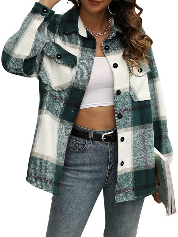 Women Plaid Pattern Jacket With Collared Design-My Comfy Blouse