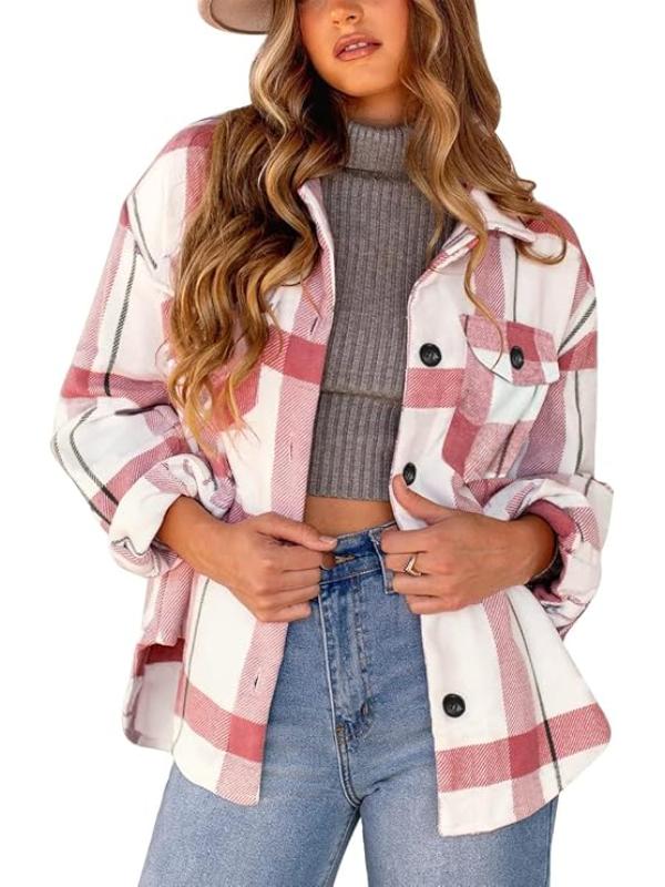 Women Plaid Pattern Jacket With Collared Design-My Comfy Blouse