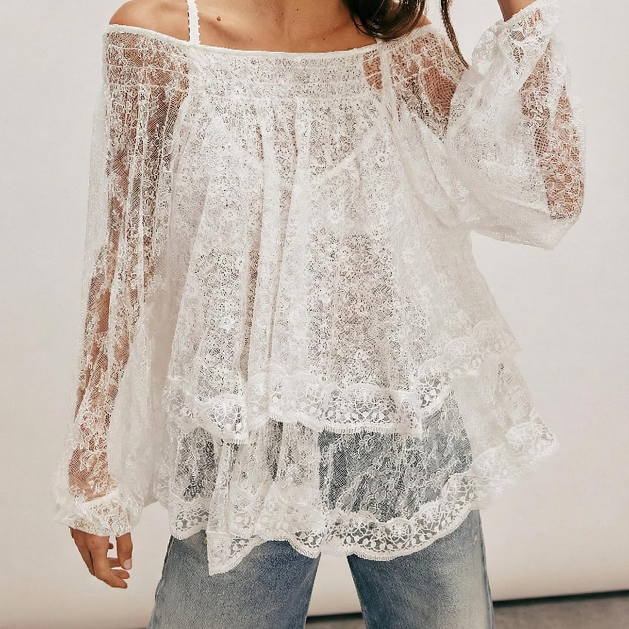 Flowy Ruffle Design Sheer Blouse With Lace Detail For Women