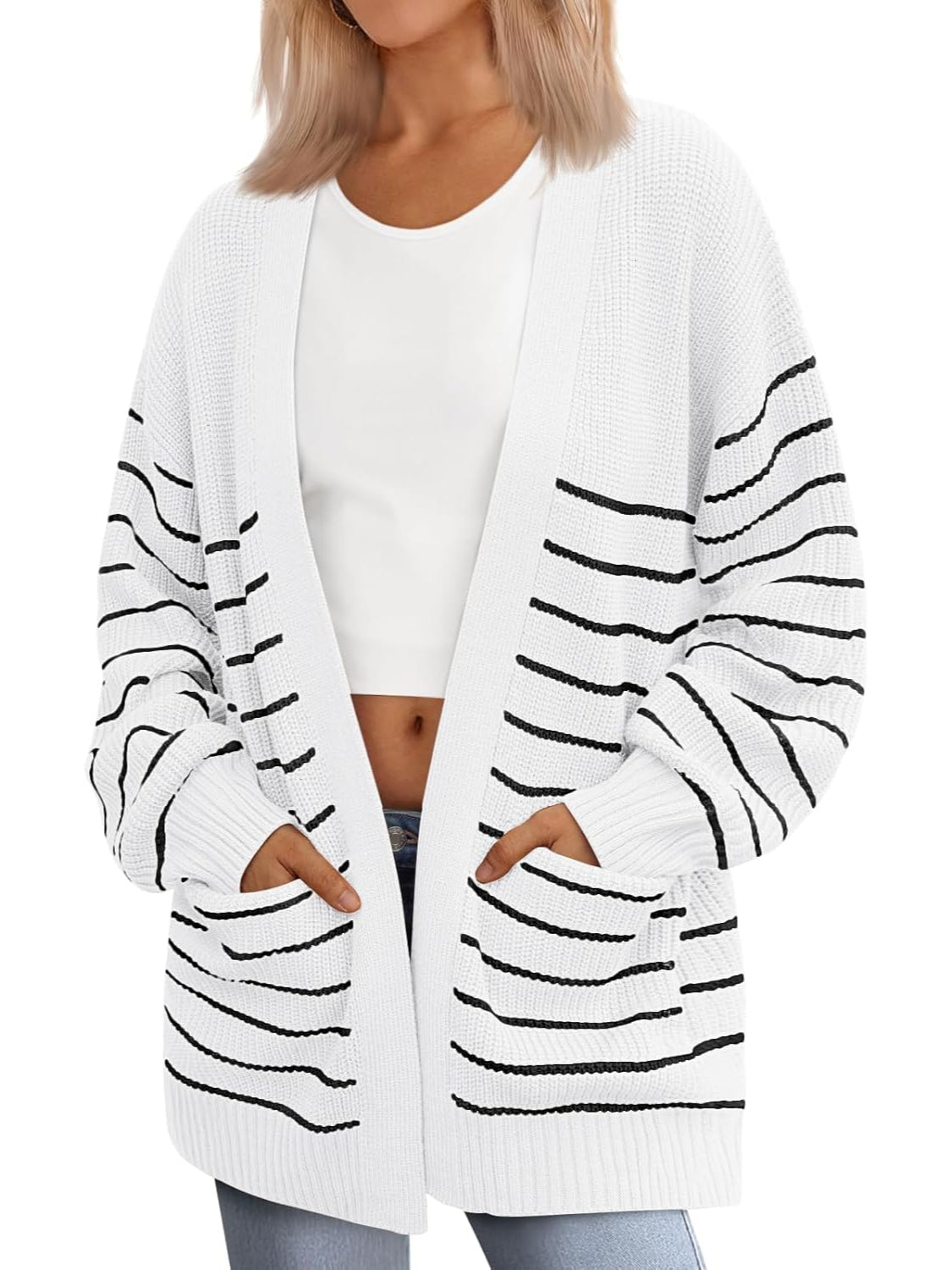 Oversized Striped Knit Cardigan With Pockets-My Comfy Blouse