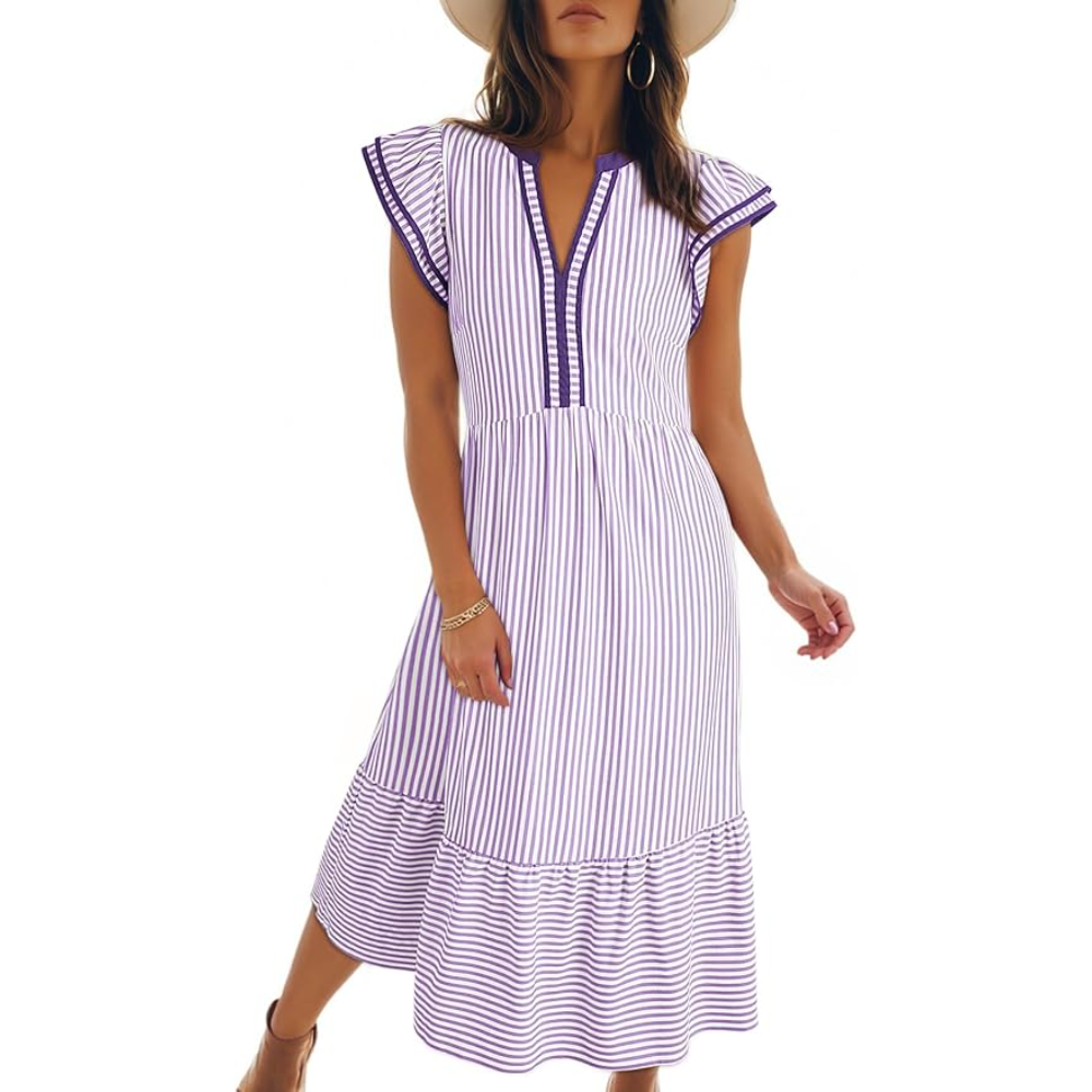 Ruffle Cap Sleeve Empire Flowy Striped Beach Midi Maxi Dress