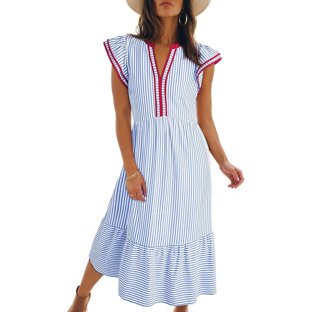 Ruffle Cap Sleeve Empire Flowy Striped Beach Midi Maxi Dress