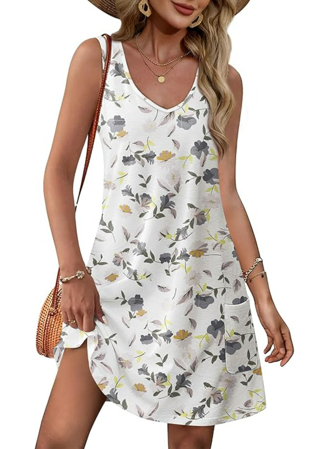 Floral Pocket Summer Dress With Sleeveless V Design-My Comfy Blouse
