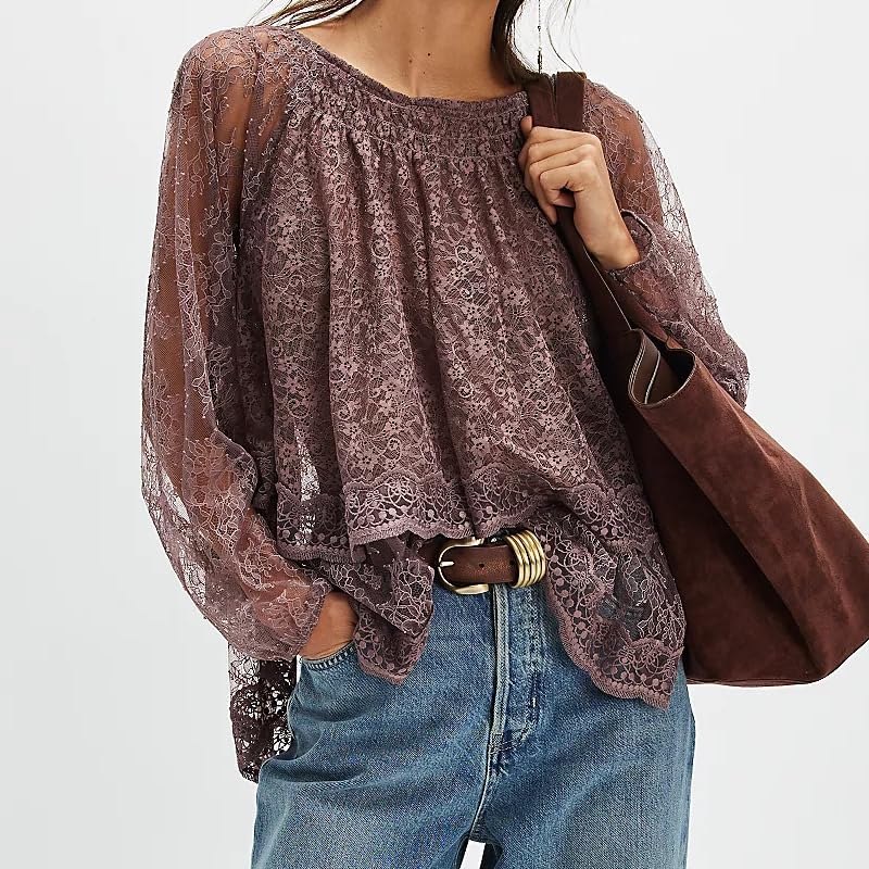 Flowy Ruffle Design Sheer Blouse With Lace Detail For Women