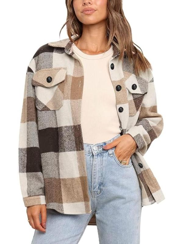 Women Plaid Pattern Button Down Jacket-My Comfy Blouse