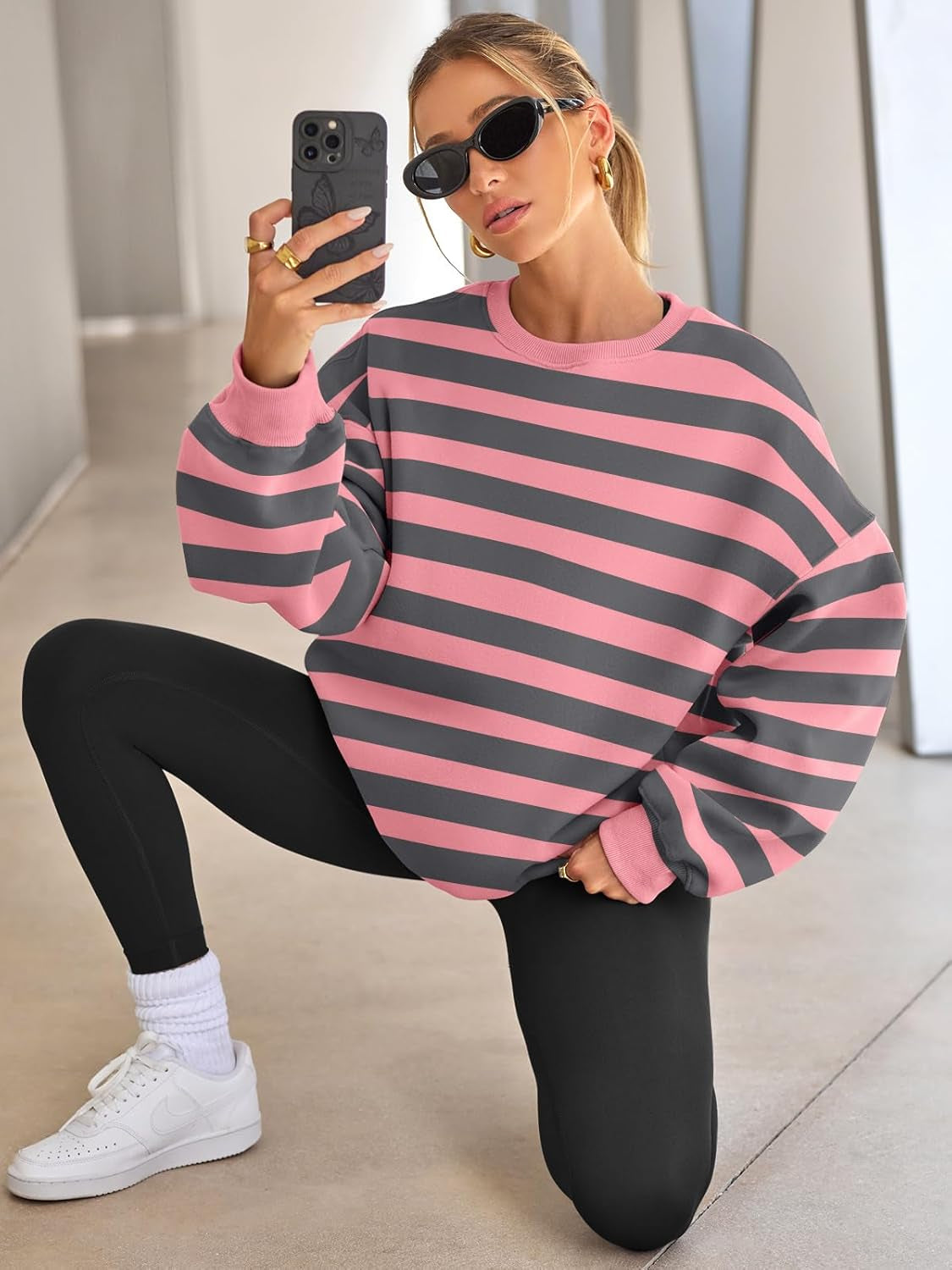 Striped And Printed Oversized Sweatshirt-My Comfy Blouse