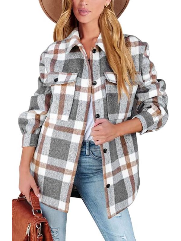 Women Plaid Pattern Jacket With Collared Design-My Comfy Blouse
