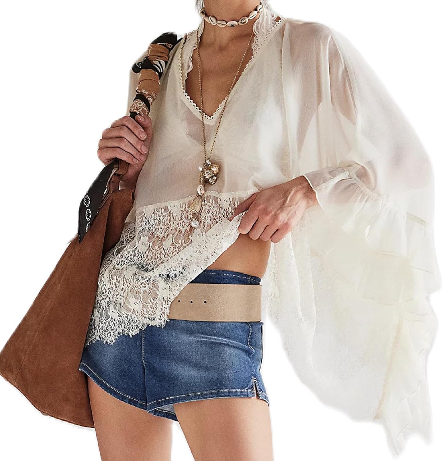 Flowy Ruffle Design Sheer Blouse With Lace Detail For Women