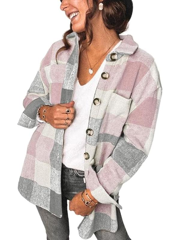 Women Checkered Pattern Jacket With Long Sleeves-My Comfy Blouse