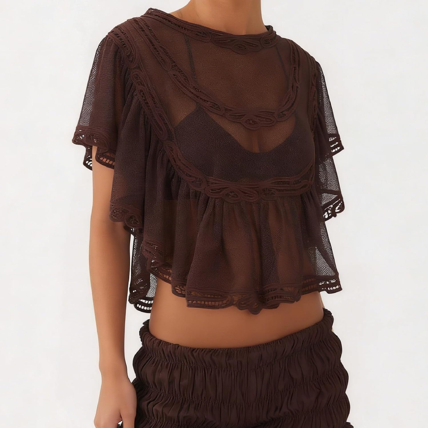 Flowy Ruffle Design Sheer Blouse With Lace Detail For Women