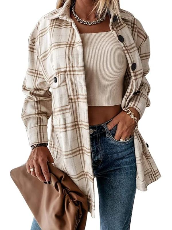 Women Plaid Pattern Jacket With Collared Design-My Comfy Blouse