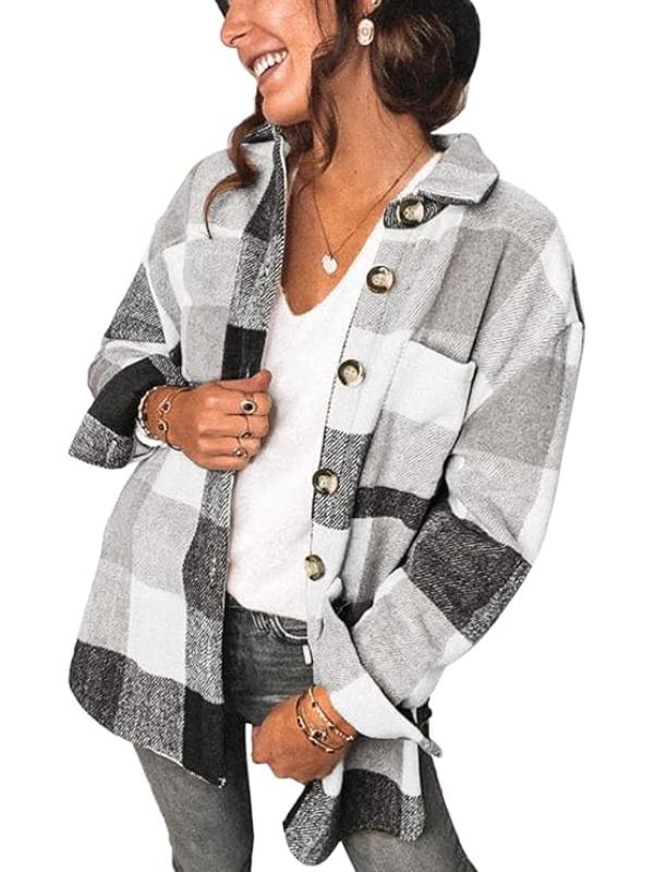 Women Checkered Pattern Jacket With Long Sleeves-My Comfy Blouse
