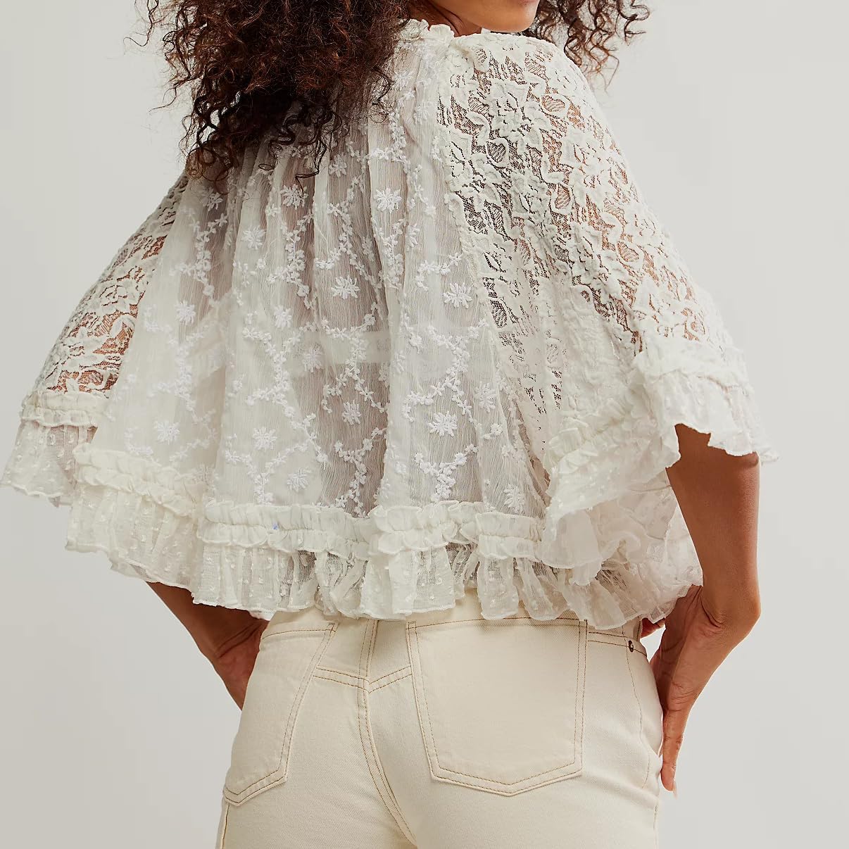 Flowy Ruffle Design Sheer Blouse With Lace Detail For Women