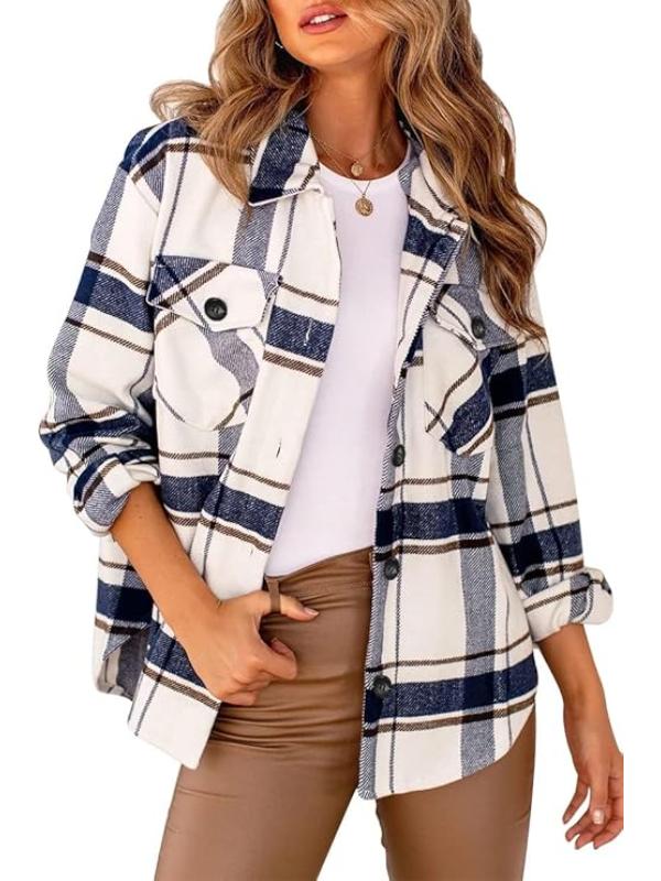 Women Plaid Pattern Jacket With Collared Design-My Comfy Blouse