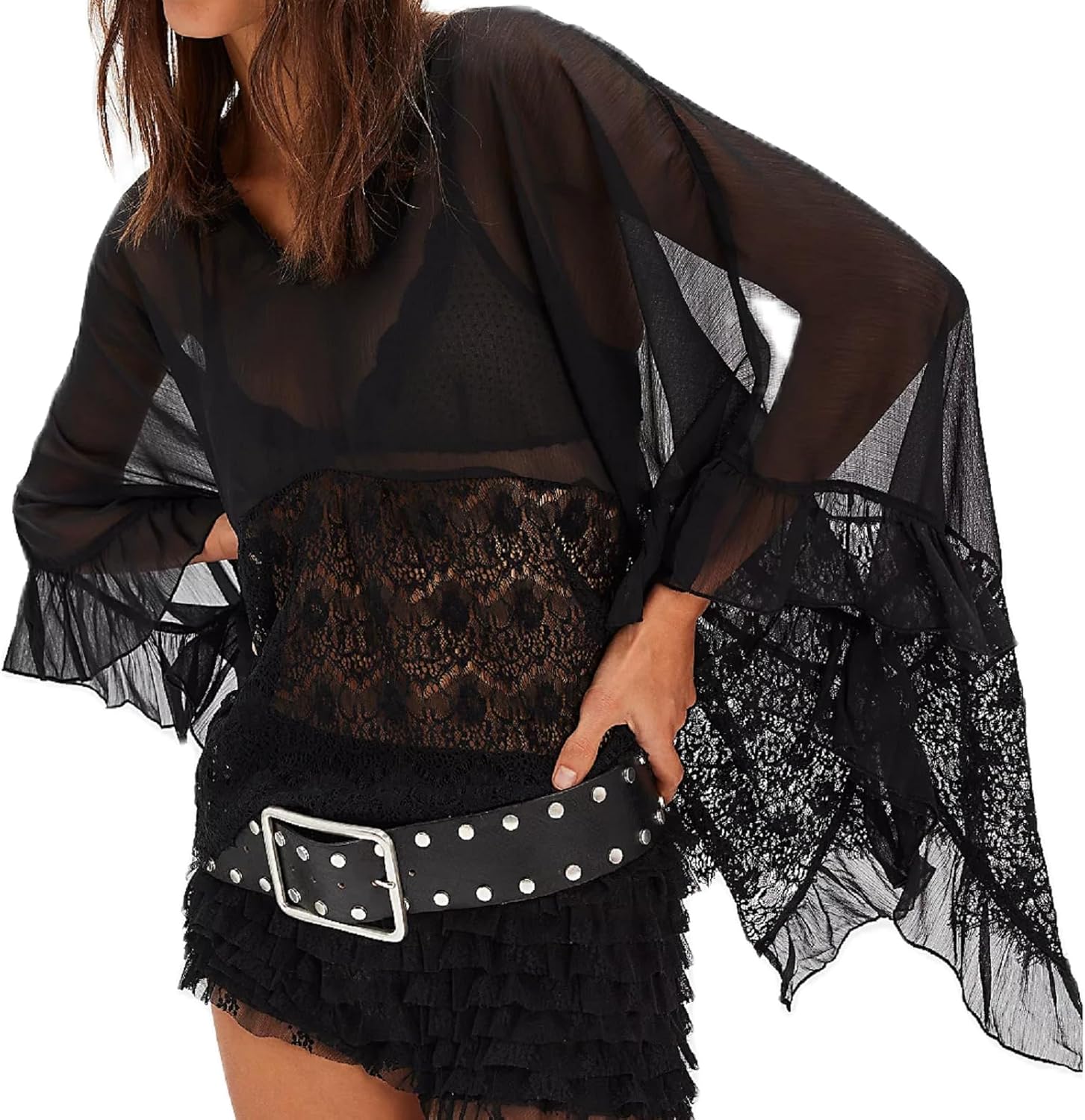 Flowy Ruffle Design Sheer Blouse With Lace Detail For Women