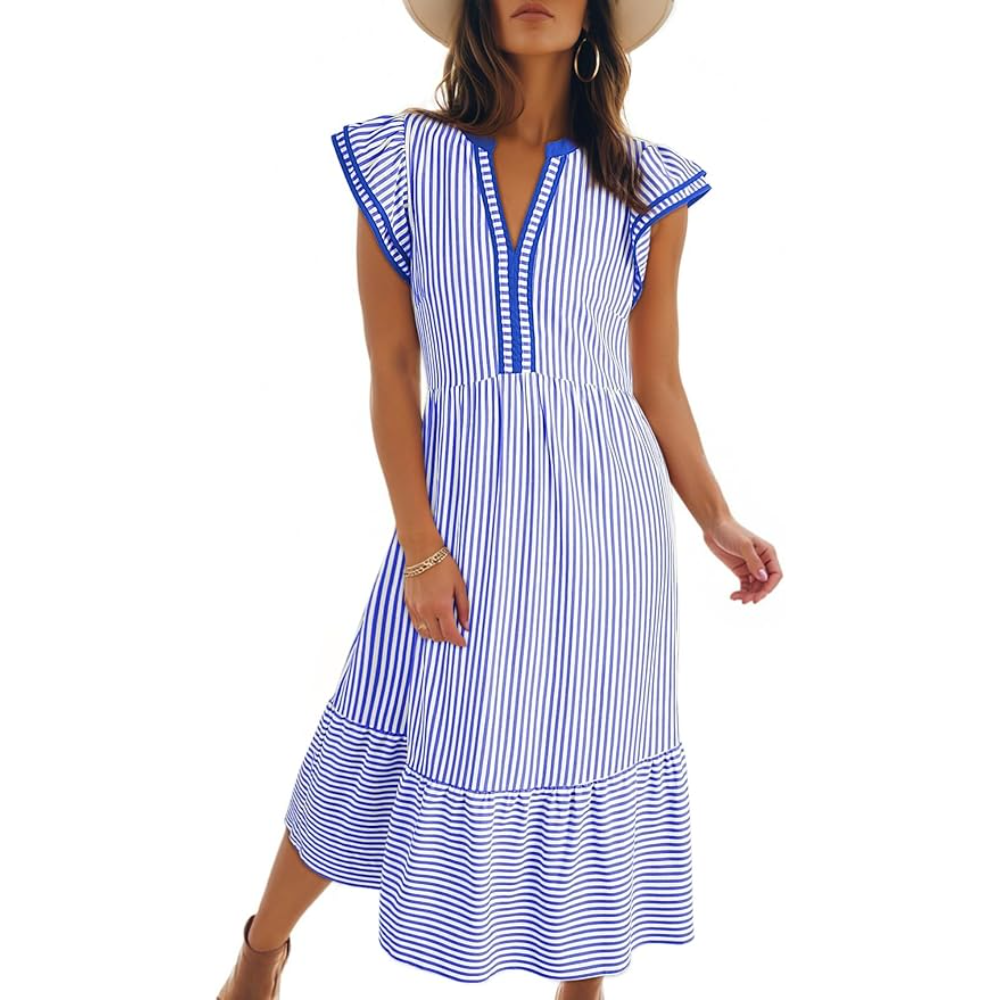 Ruffle Cap Sleeve Empire Flowy Striped Beach Midi Maxi Dress