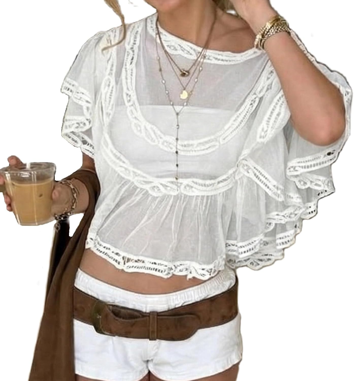 Flowy Ruffle Design Sheer Blouse With Lace Detail For Women
