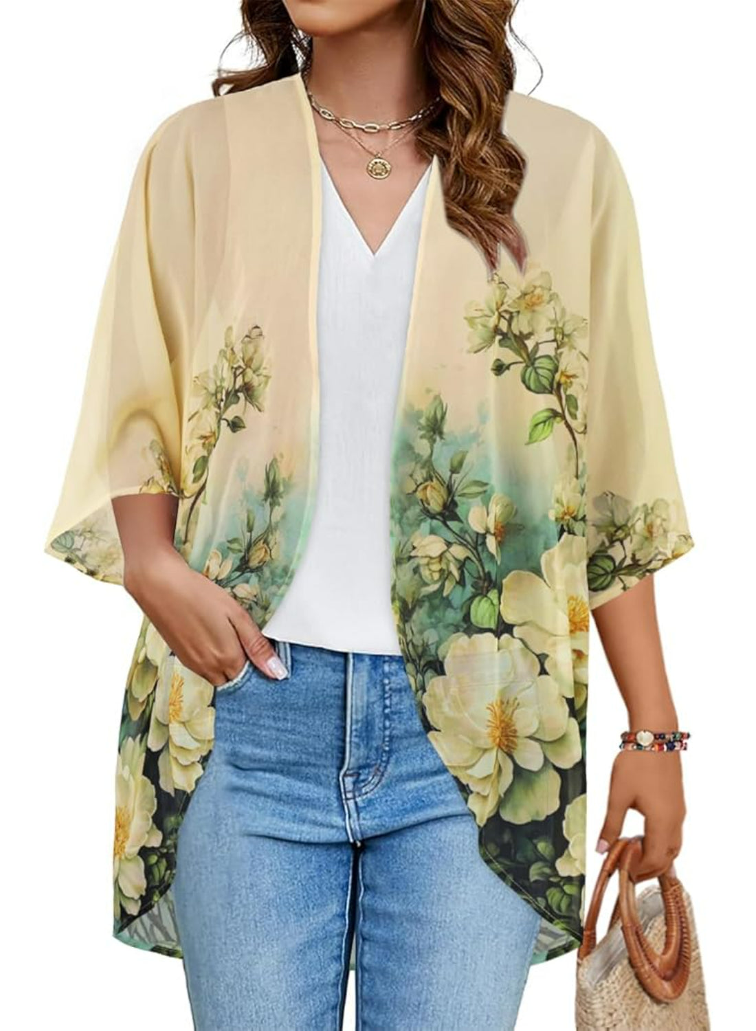 Casual Loose Floral Kimono With Sheer Fabric