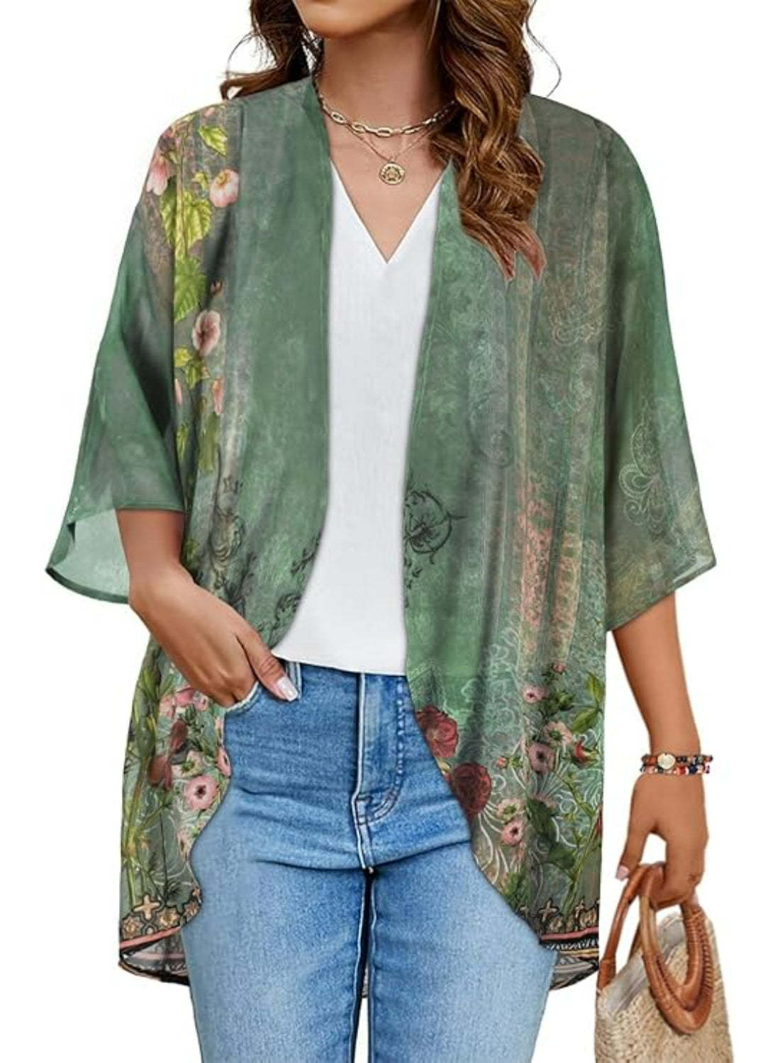 Casual Loose Floral Kimono With Sheer Fabric