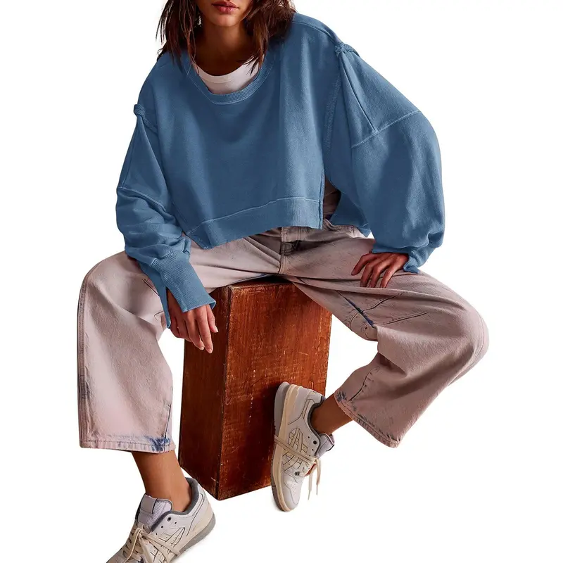 Casual Loose Crop Top Long Sleeve Sweatshirt For Women
