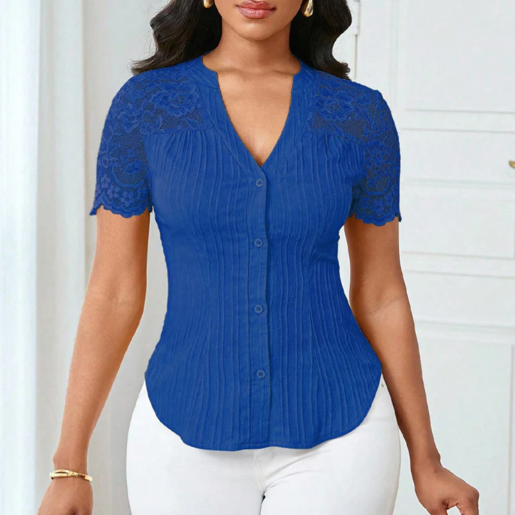 Ribbed Knit Button Down Top With Lace Sleeves