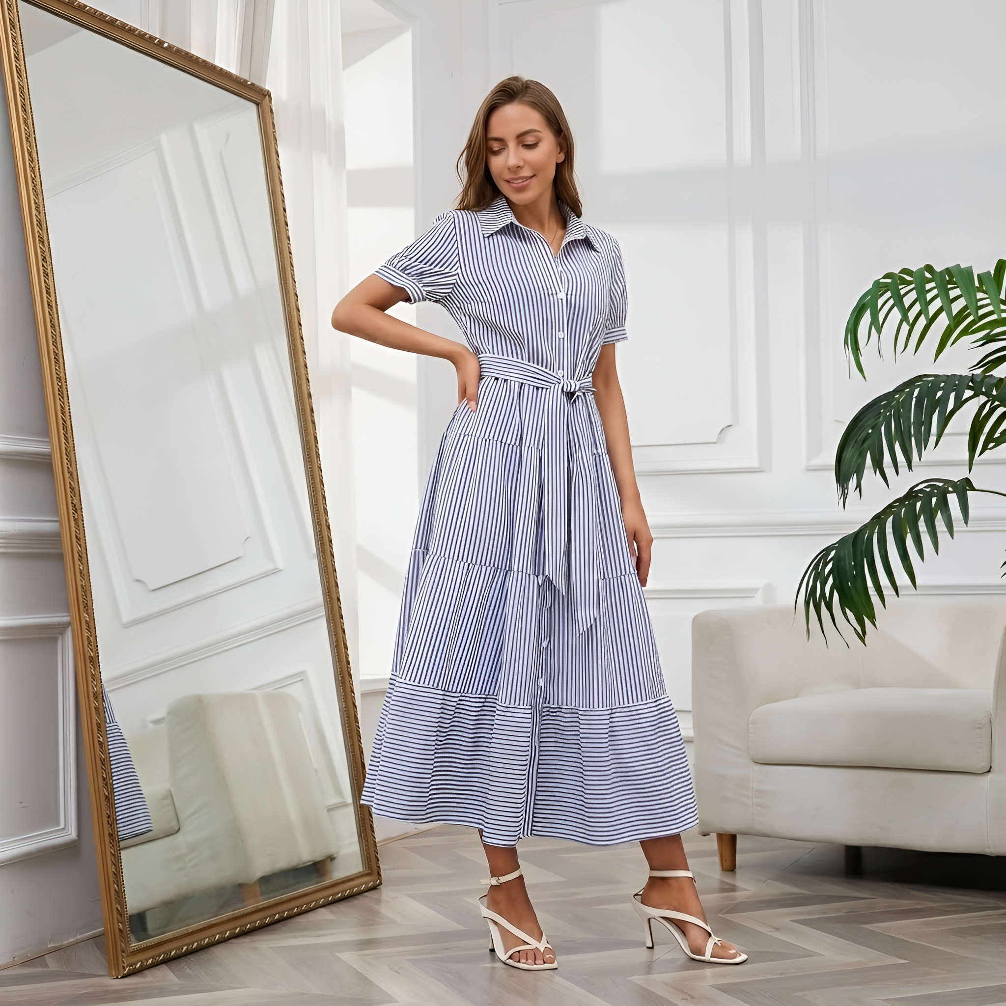 Casual Striped Short Sleeve Ruffled Button Tie Maxi For Women