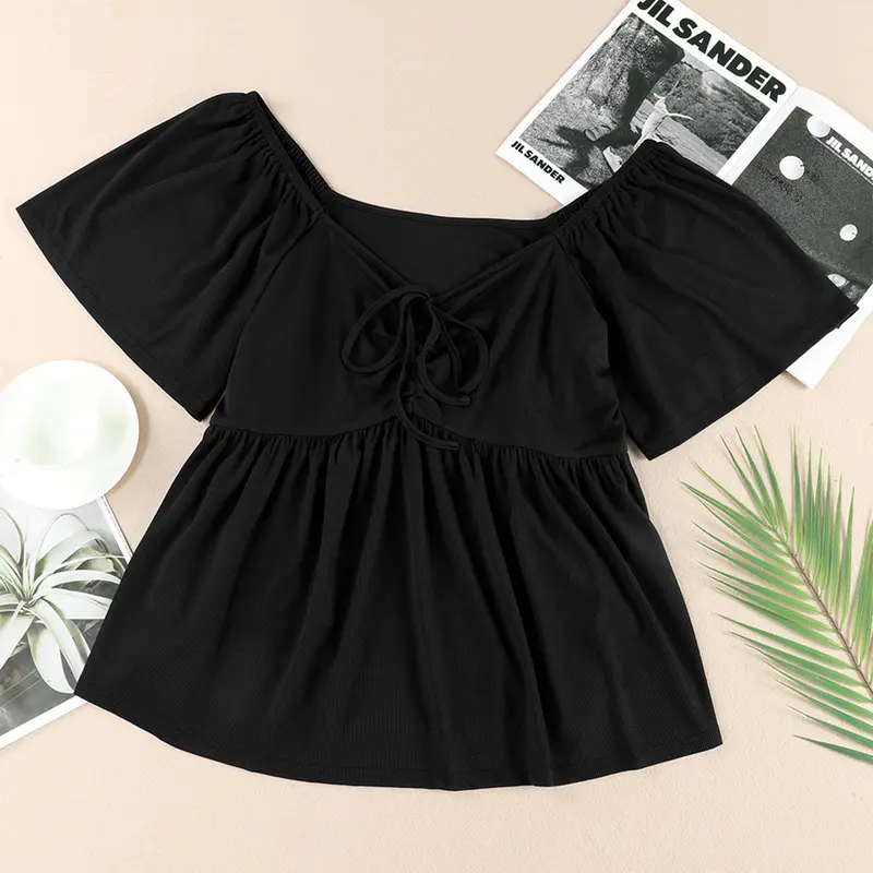 Plus Size Short Sleeves Shirred Peplum Blouse Top For Women