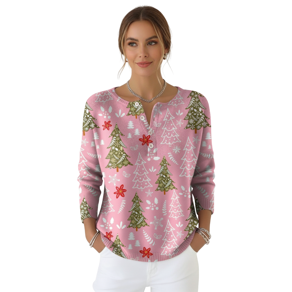 Christmas Tree Print Blouse For Women With Buttons And Floral Accents-My Comfy Blouse