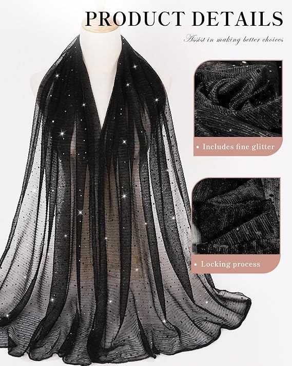 Black sheer scarf with scattered glitter sequins draped on a mannequin, shown in full length. Two close-up panels on the right highlight fine glitter detail and edge locking process. Text reads 'Product Details.'