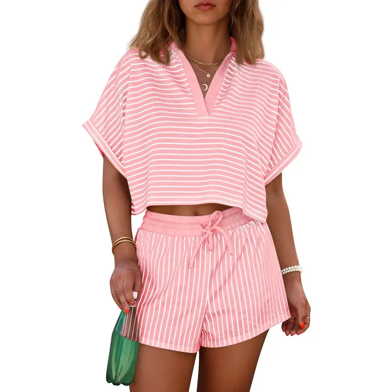 2 Pieces Short Sleeve Striped Matching Set For Women