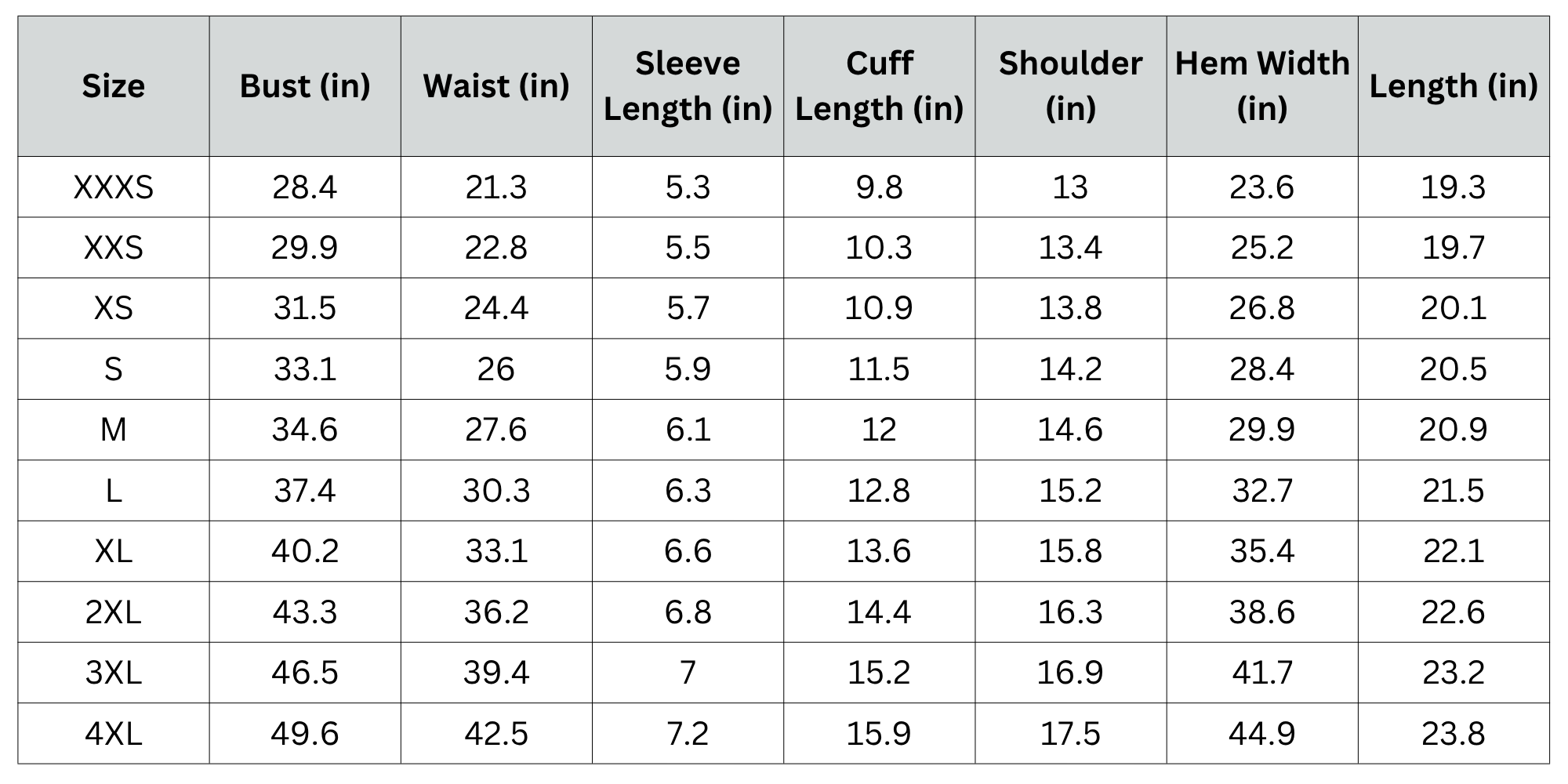 Size Chart