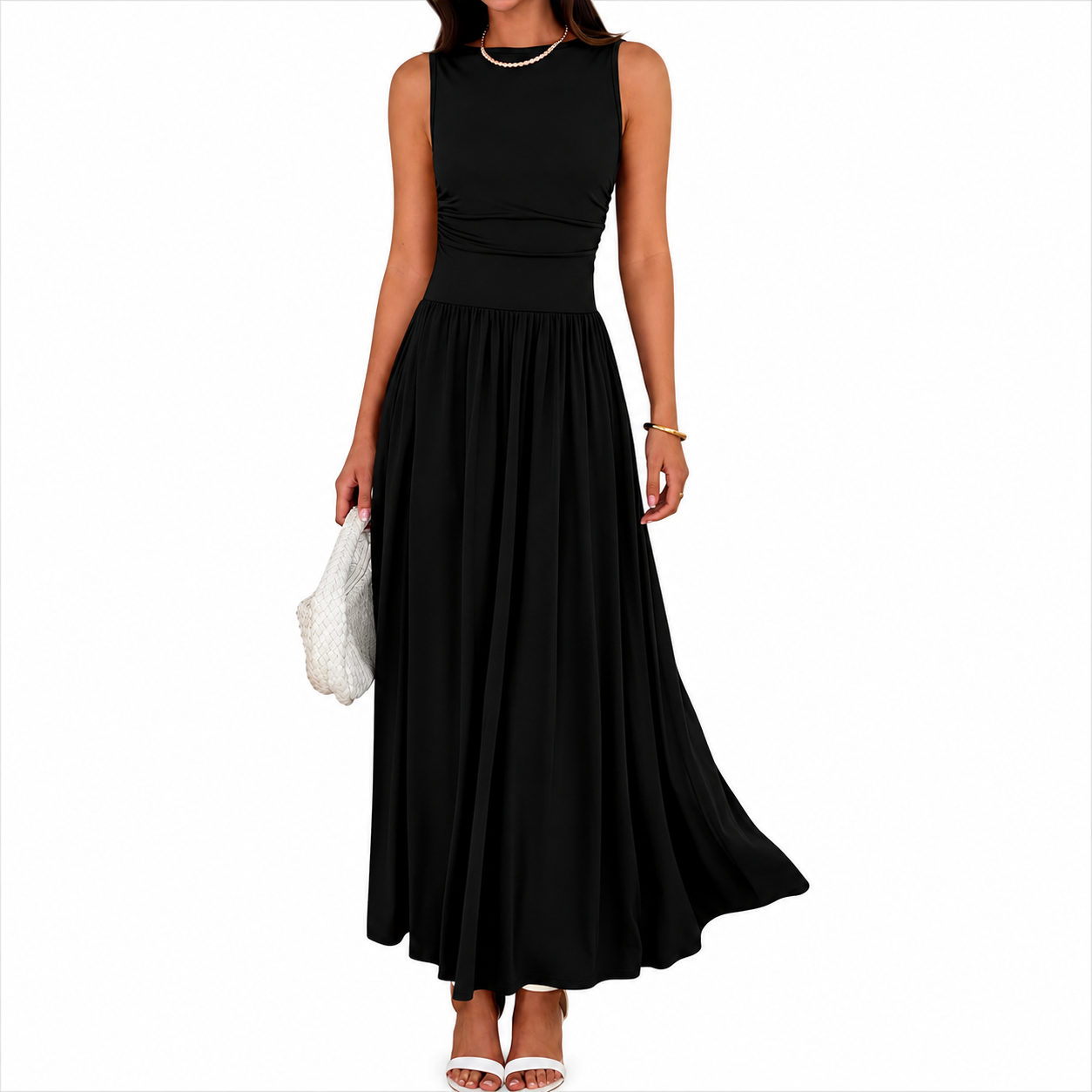 Flowy Sleeveless Maxi Sundress With Ruched Detail For Women