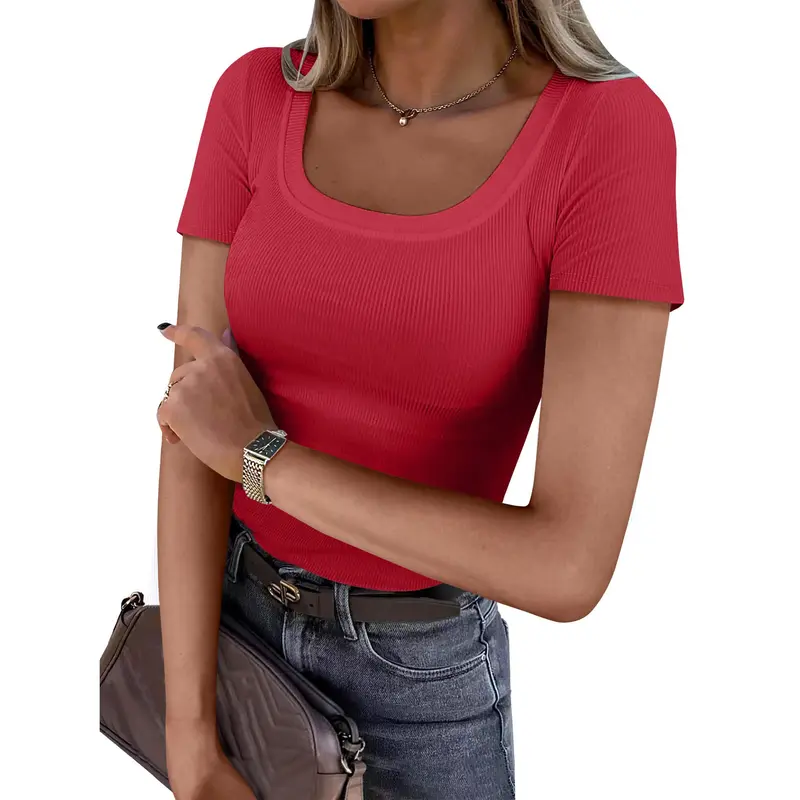 Short Sleeve Summer Trendy Casual Ribbed Knit Slim Fitted Basic  Minimalist Blouse Top