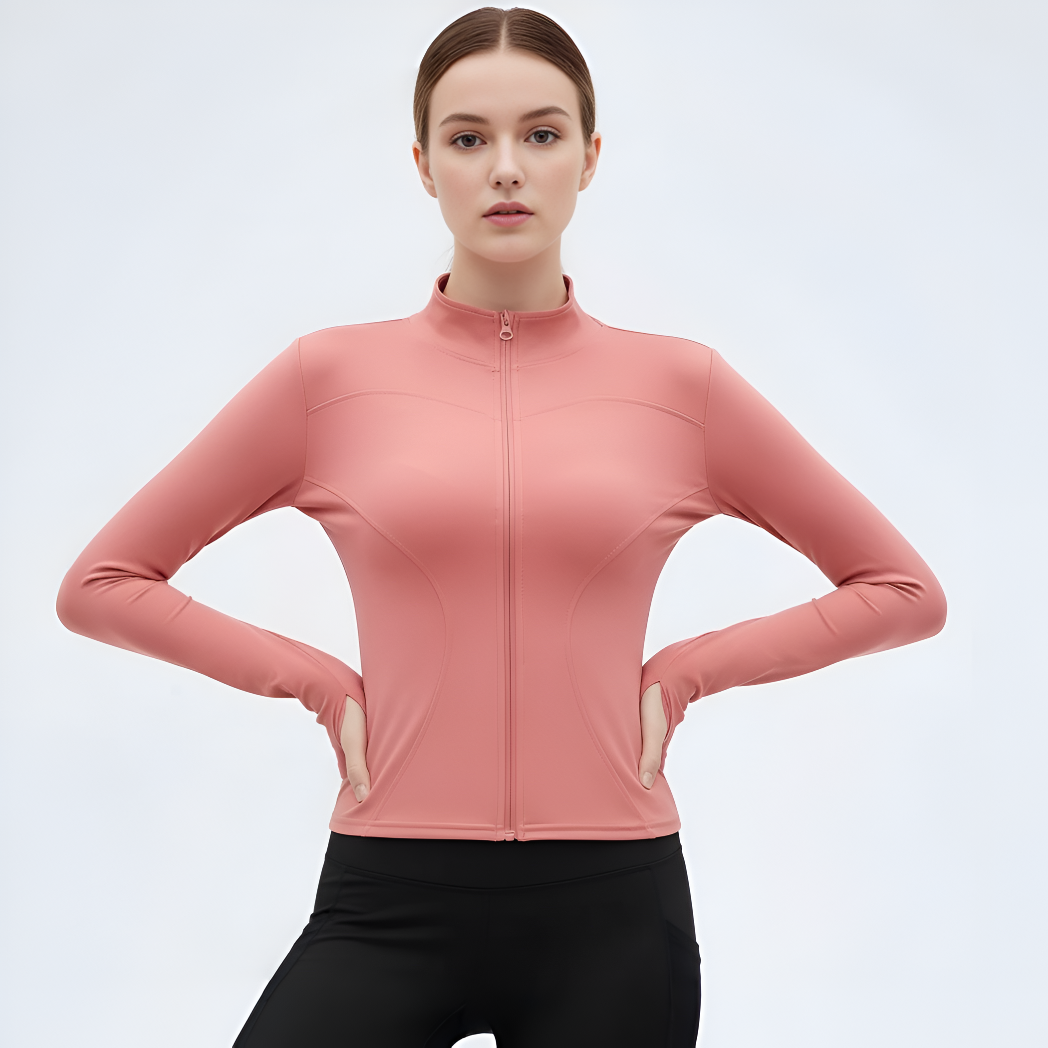 Women Thumb Holes Solid Zip Up Mock Neck Spring Sports Jacket