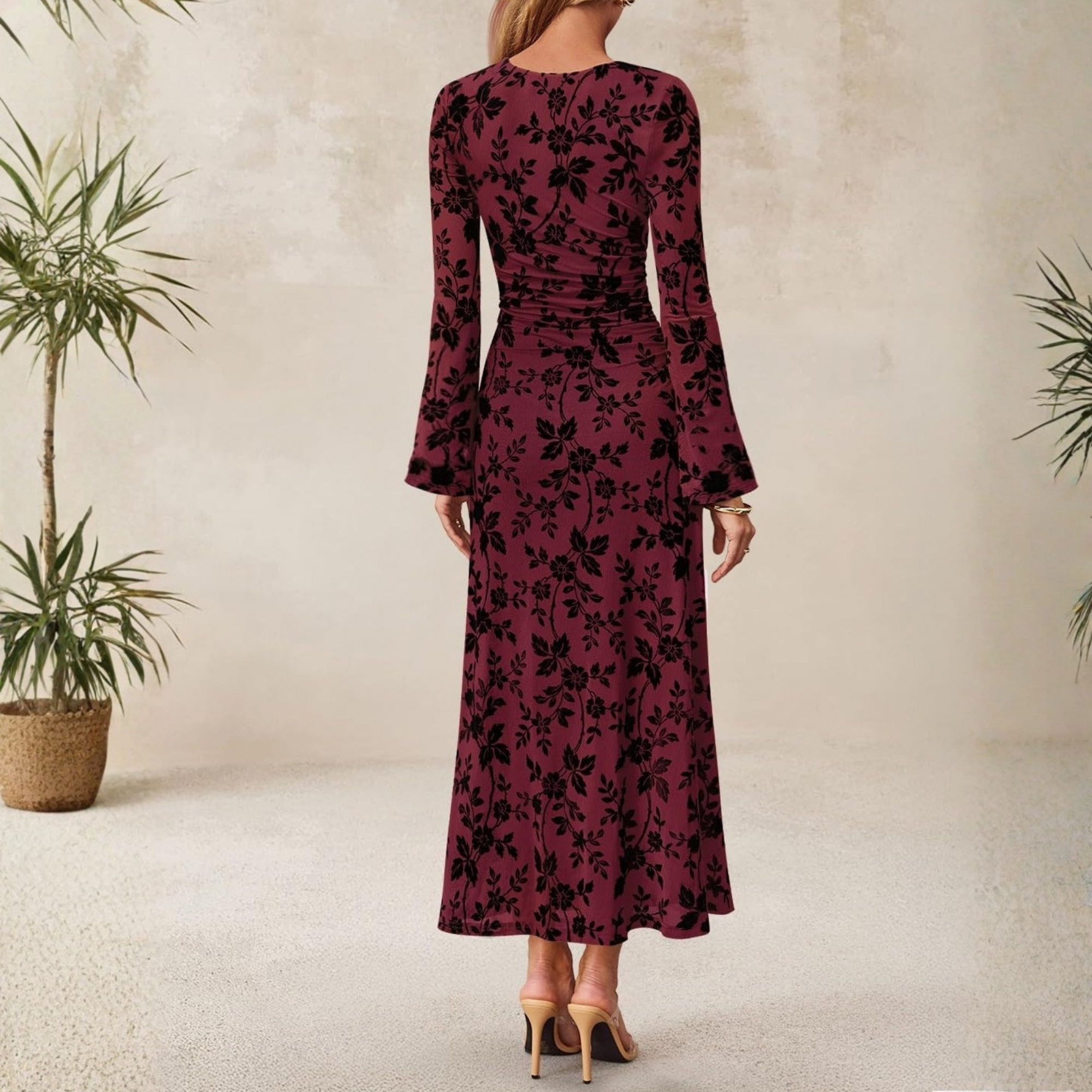 Spring Fall Floral Ruched Mesh Maxi Dress