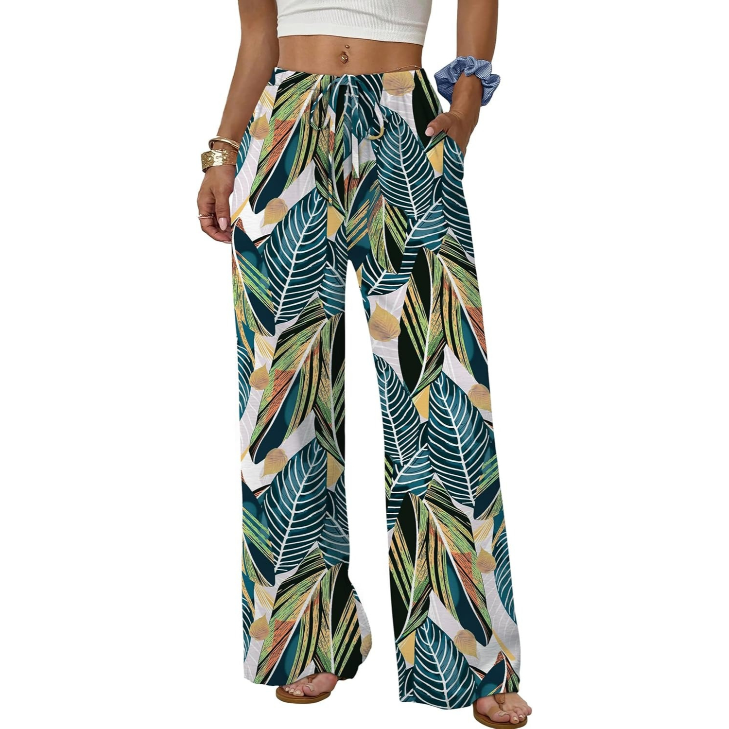 Wide Pants for Women Flowy Palazzo Drawstring Elastic Trousers with Pockets Summer Beach Vacation Clothes