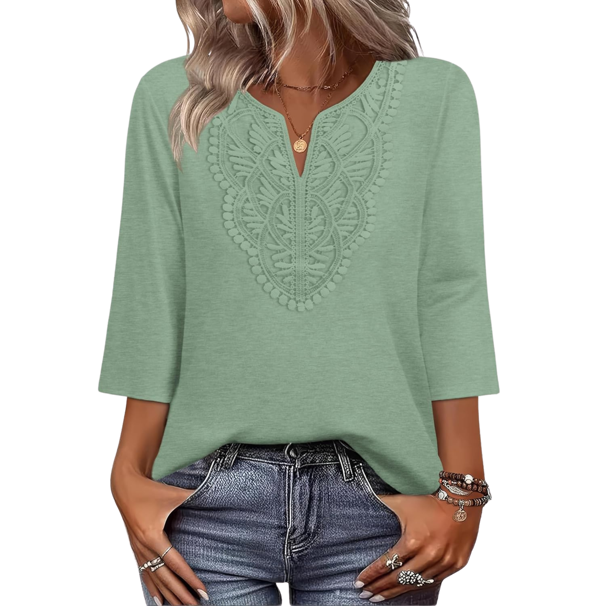  Length Sleeve Womens Tops Boho V Neck Lace Shirt Trendy Blouses Dressy Casual Vacation