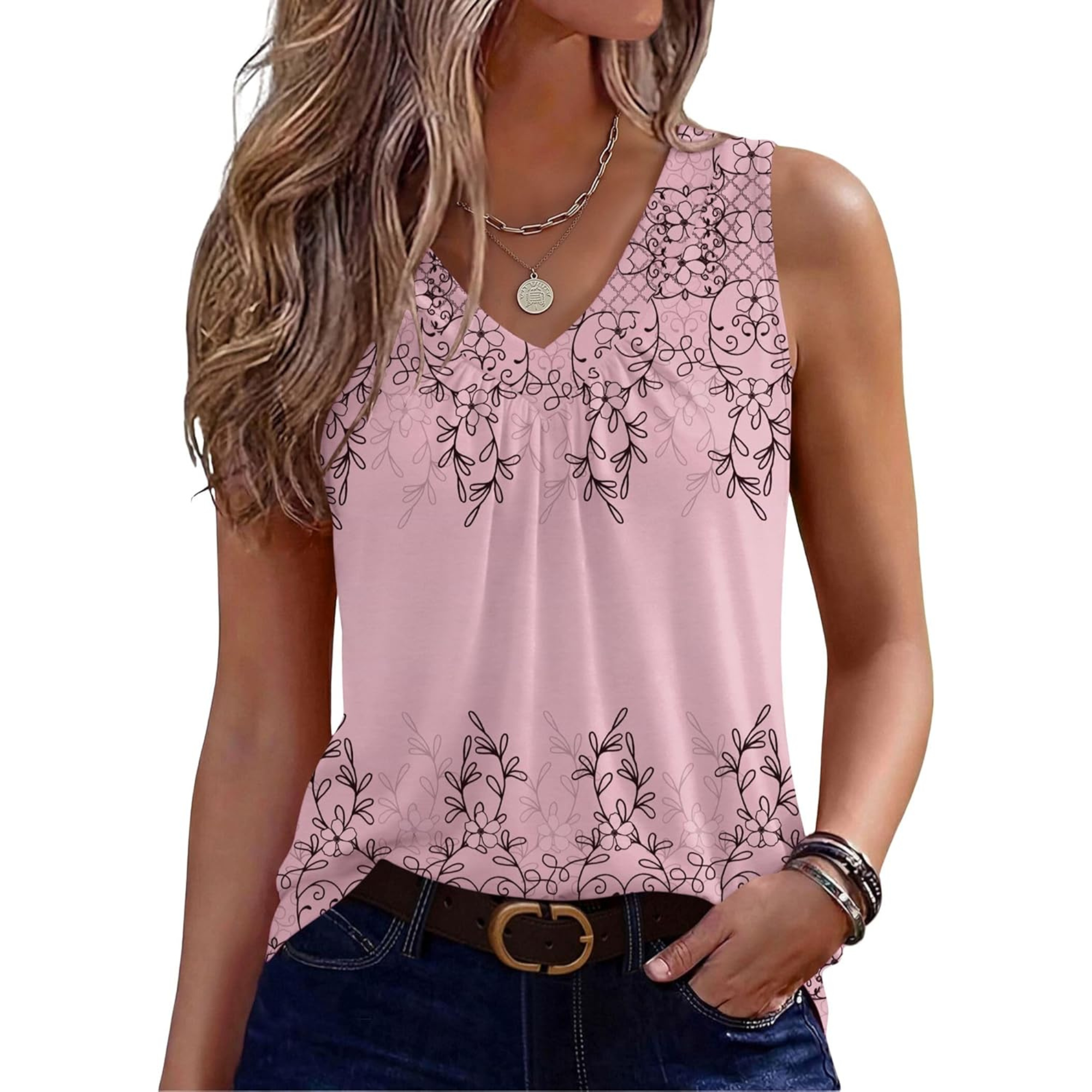 Womens Tank Tops Summer Sleeveless Loose Fit Tops V Neck Pleated Shirts Basic Tees Dressy Casual Trendy Clothes