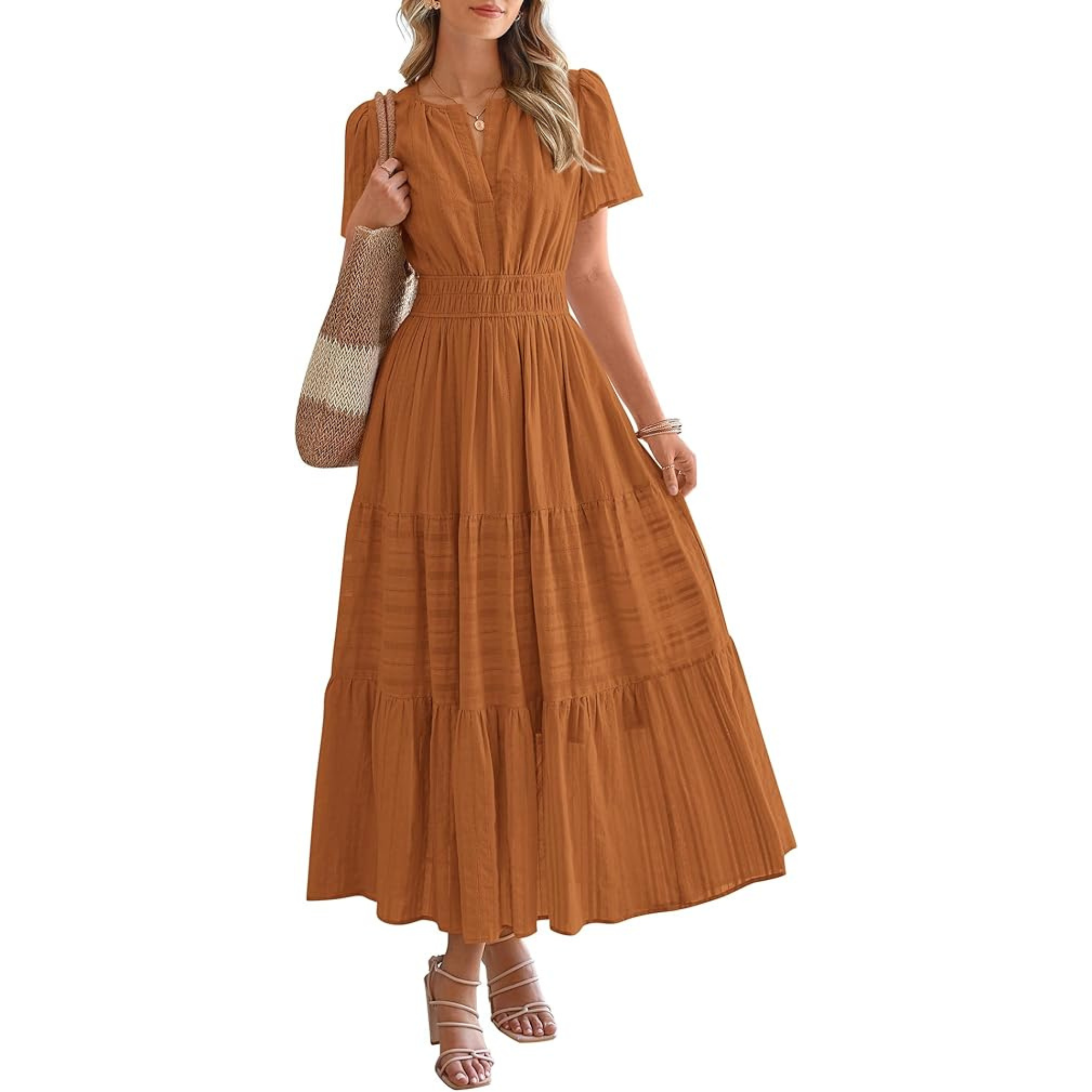 Womens Summer 2026 Casual Midi Maxi Dresses Lightweight Short Sleeve V Neck Elastic Waist Boho Beach Dress Pockets