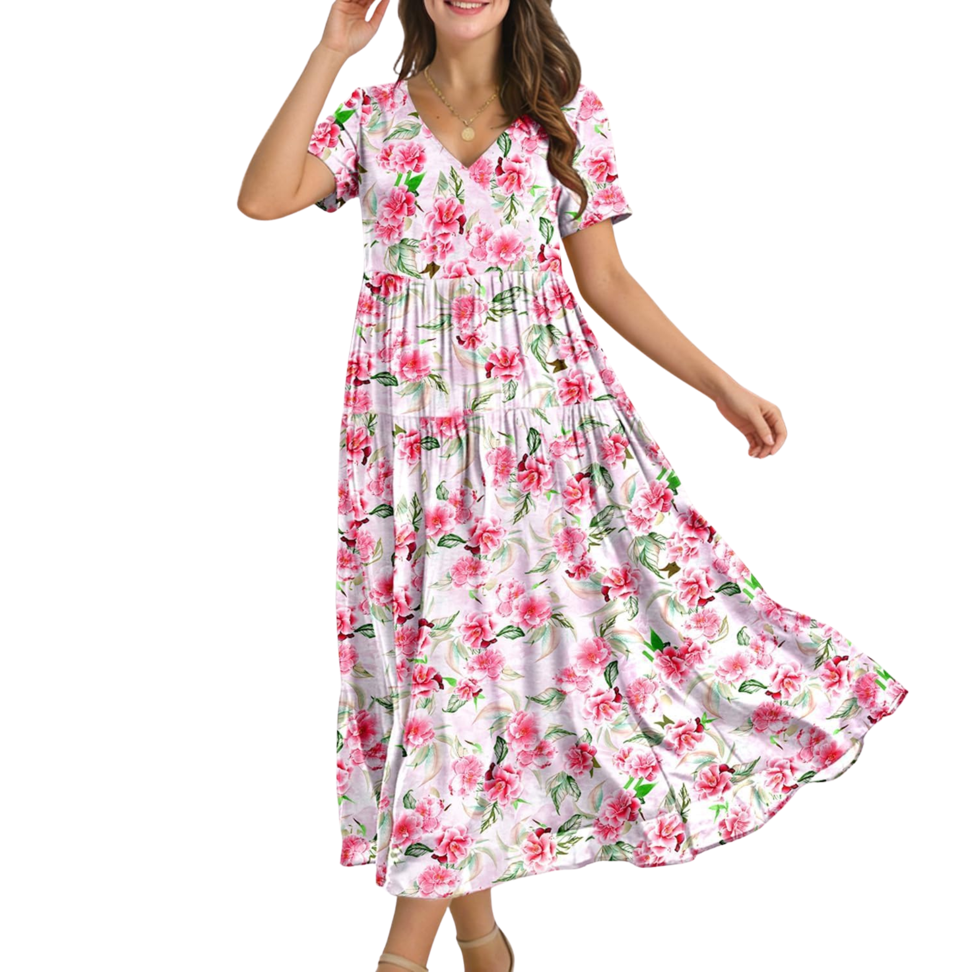Floral V Neck Boho Maxi Swing Dress with Pockets