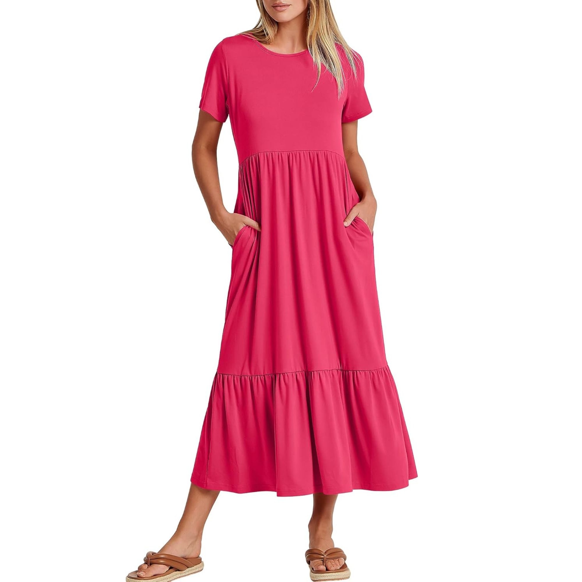 Casual Tiered Maxi T Shirt Dress with Pockets