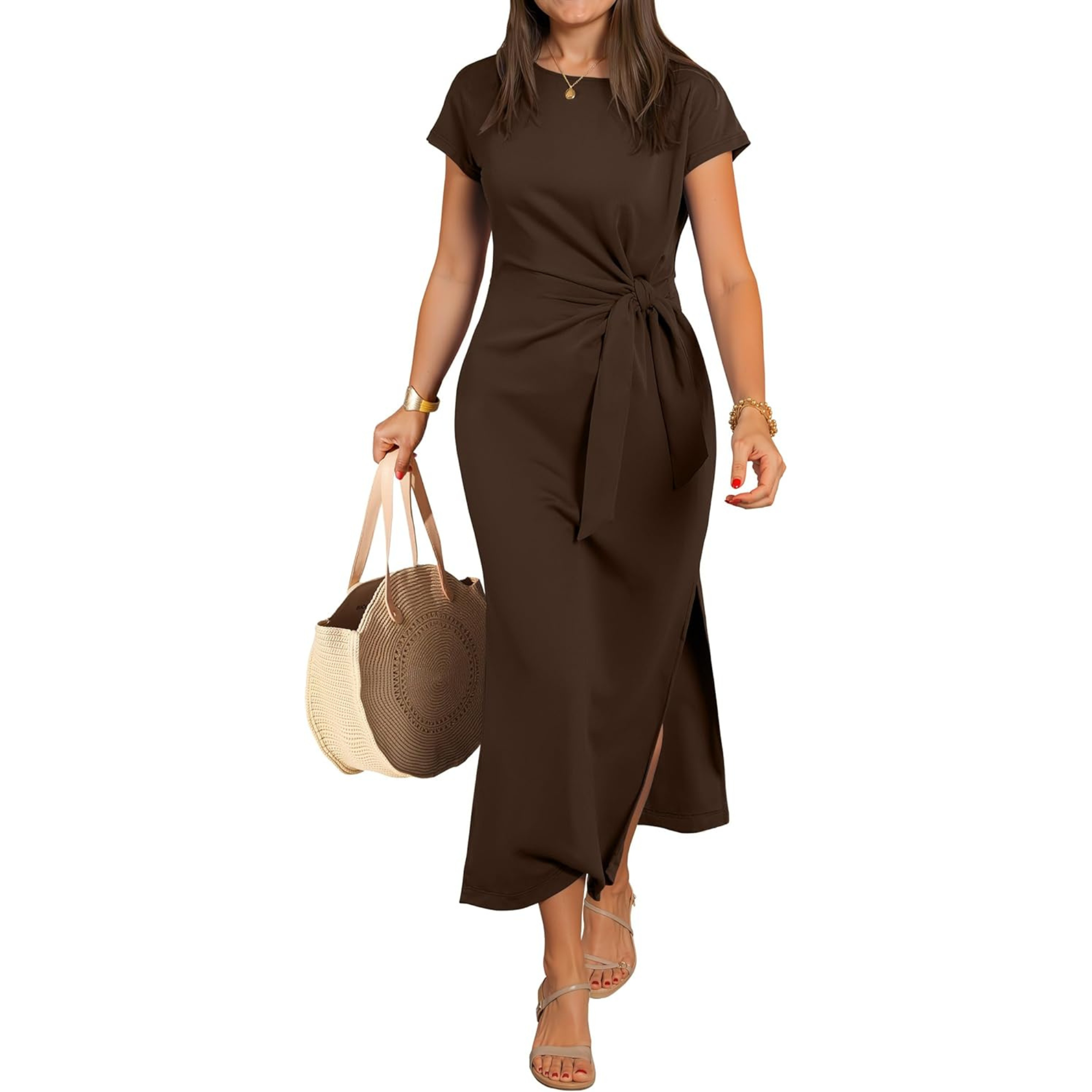 Women Summer Long Dress with Tie Waist and Side Split