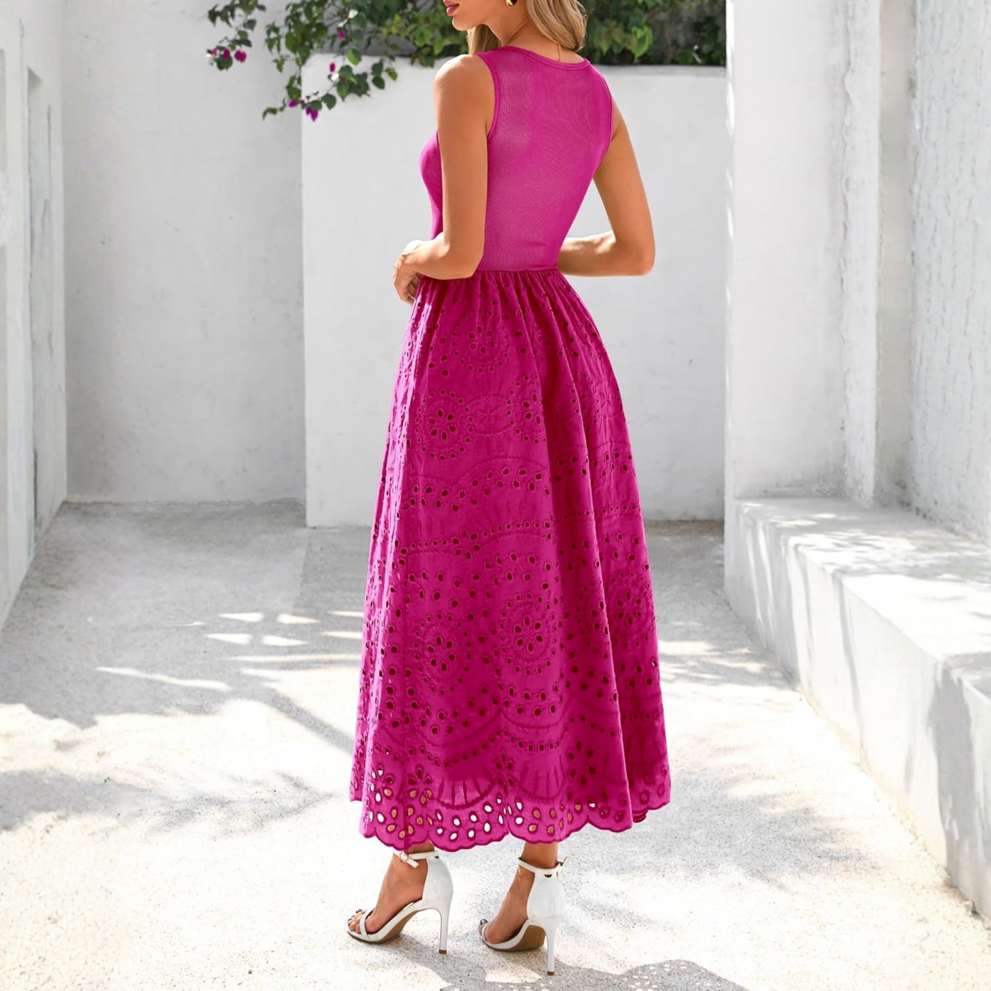 Sleeveless Eyelet Cotton Tank Maxi Dress with Pockets