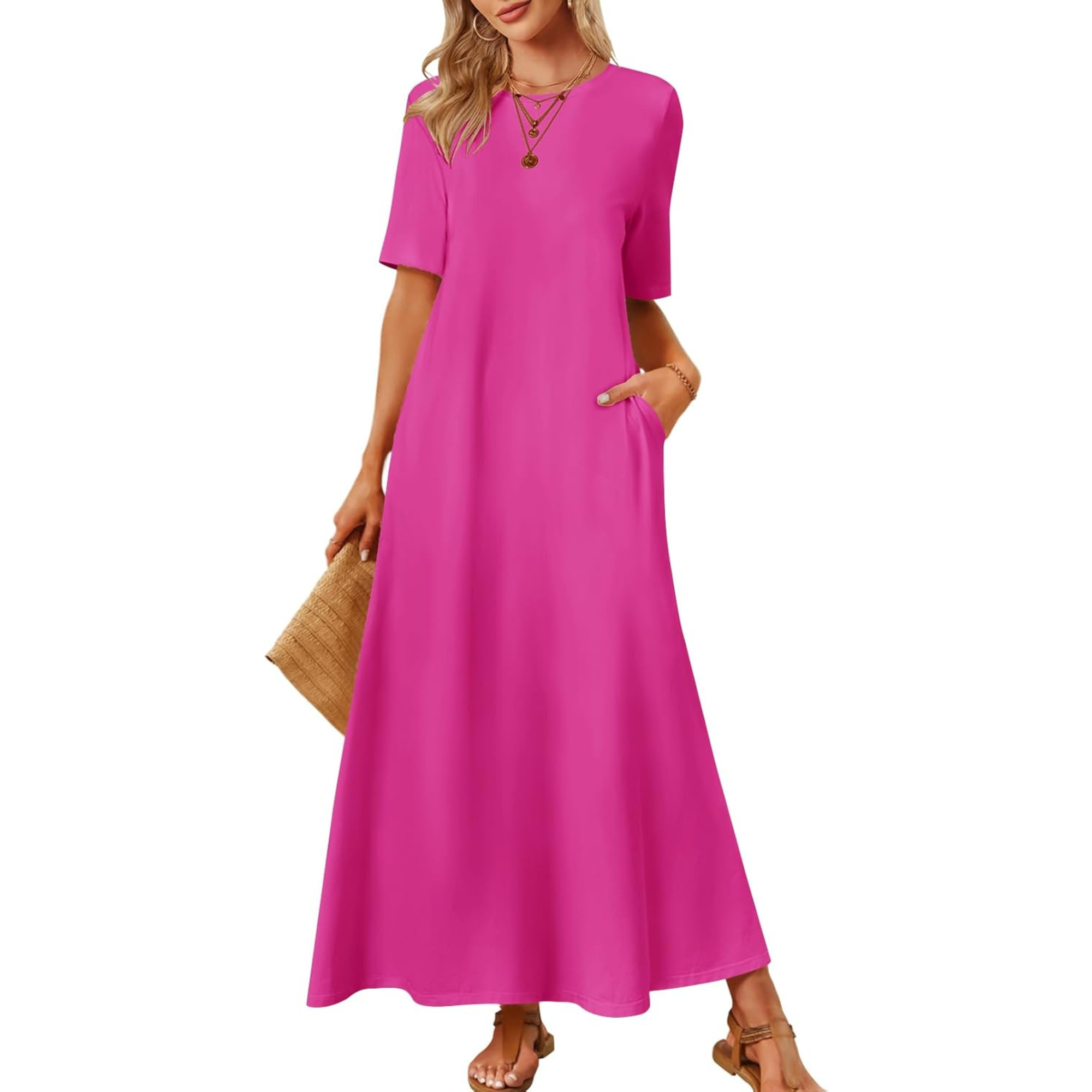Women Summer Vacation Maxi T Shirt Dress With Pockets