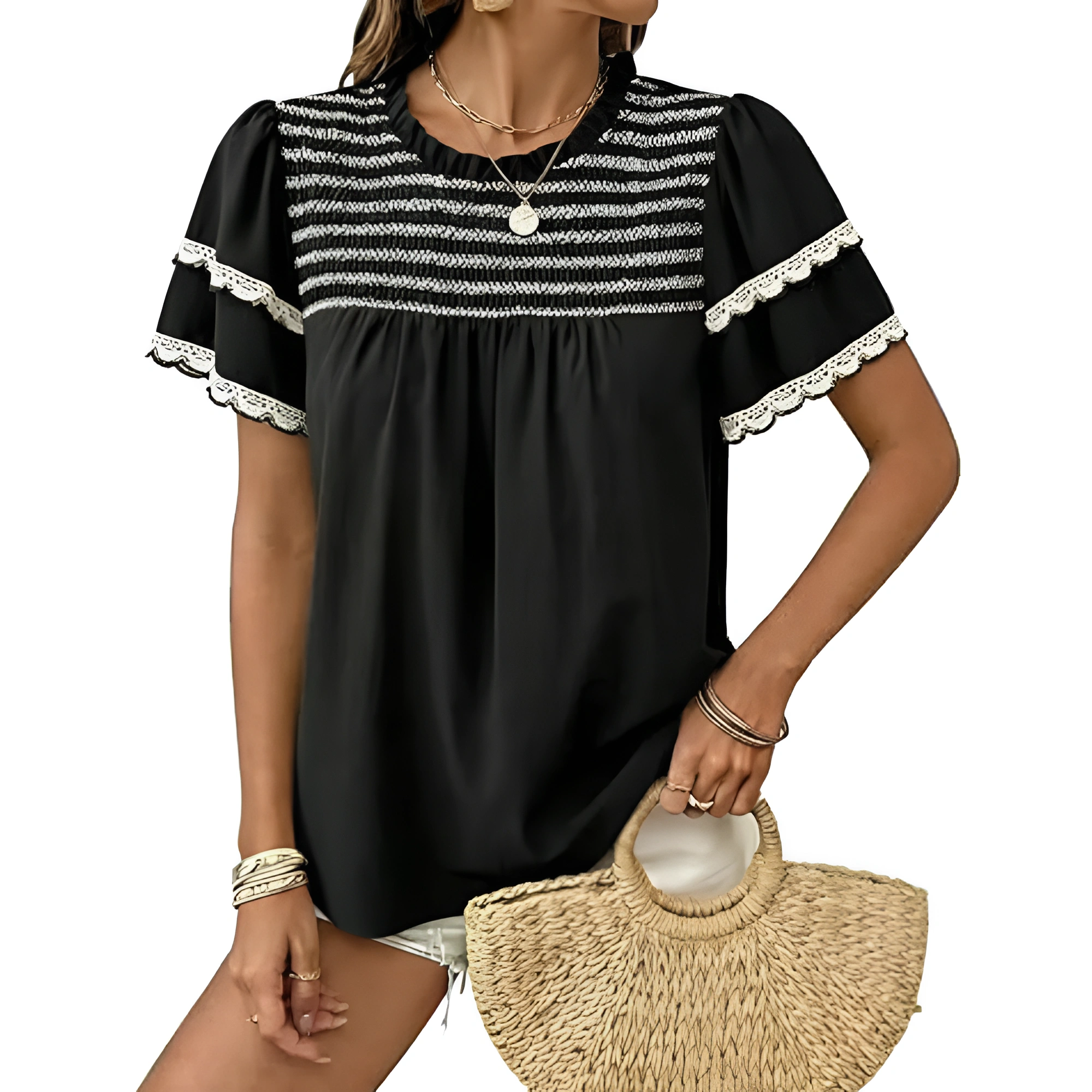 Women Summer Tops Crewneck Ruffle Short Sleeve Casual Pleated Blouses