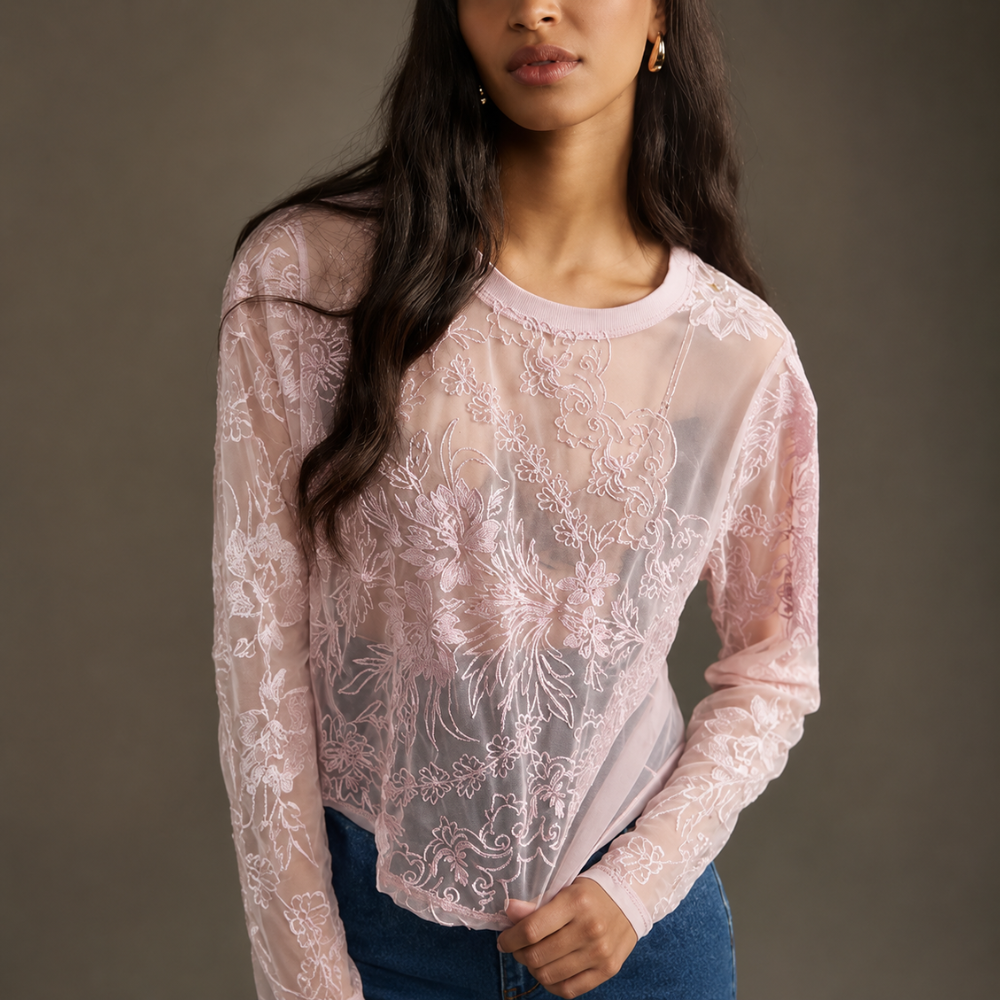 Lace Mesh Floral Printed Sleeve Crew Sheer Shirts For Women