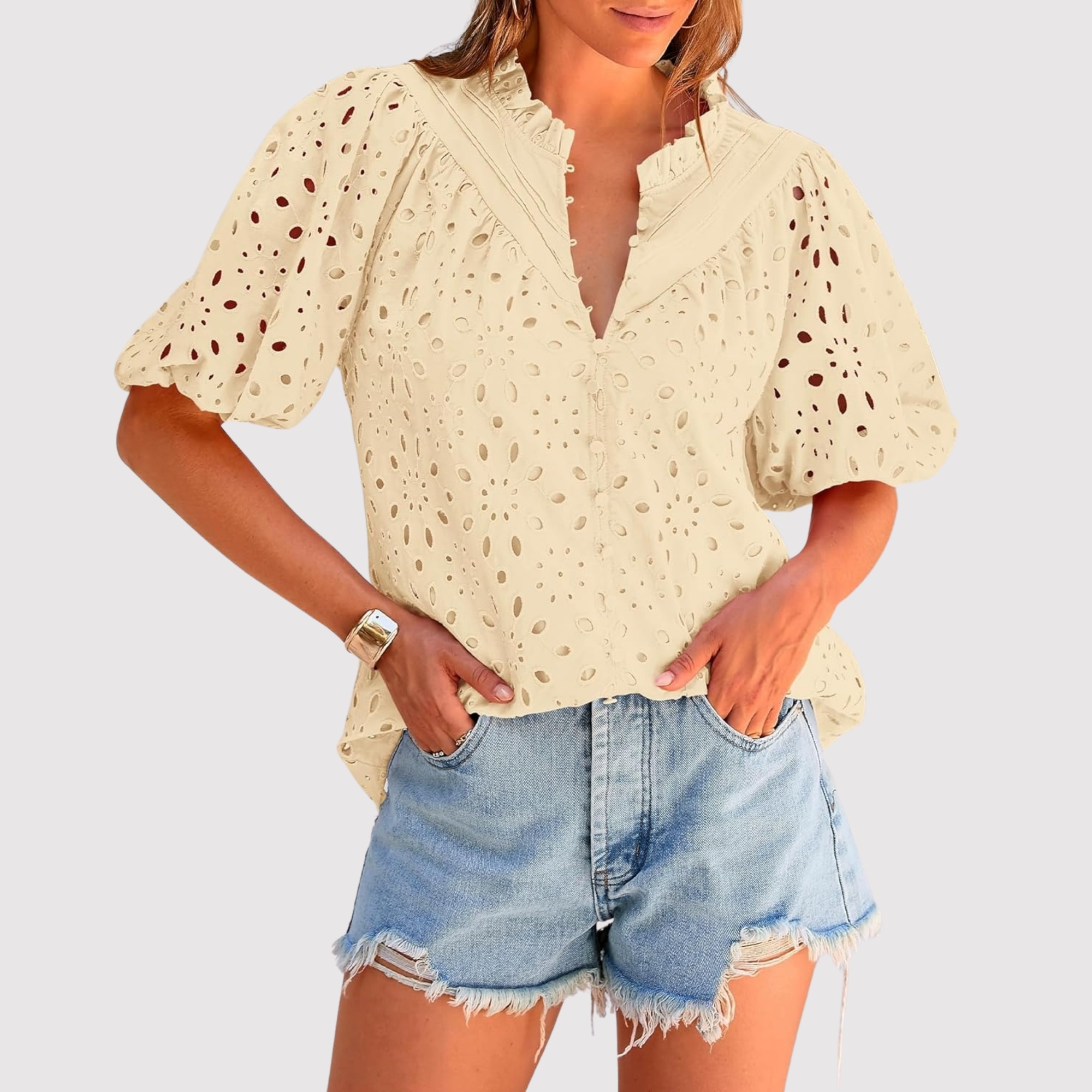 Eyelet Embroidery Sleeve Button Front Style Puff Top 