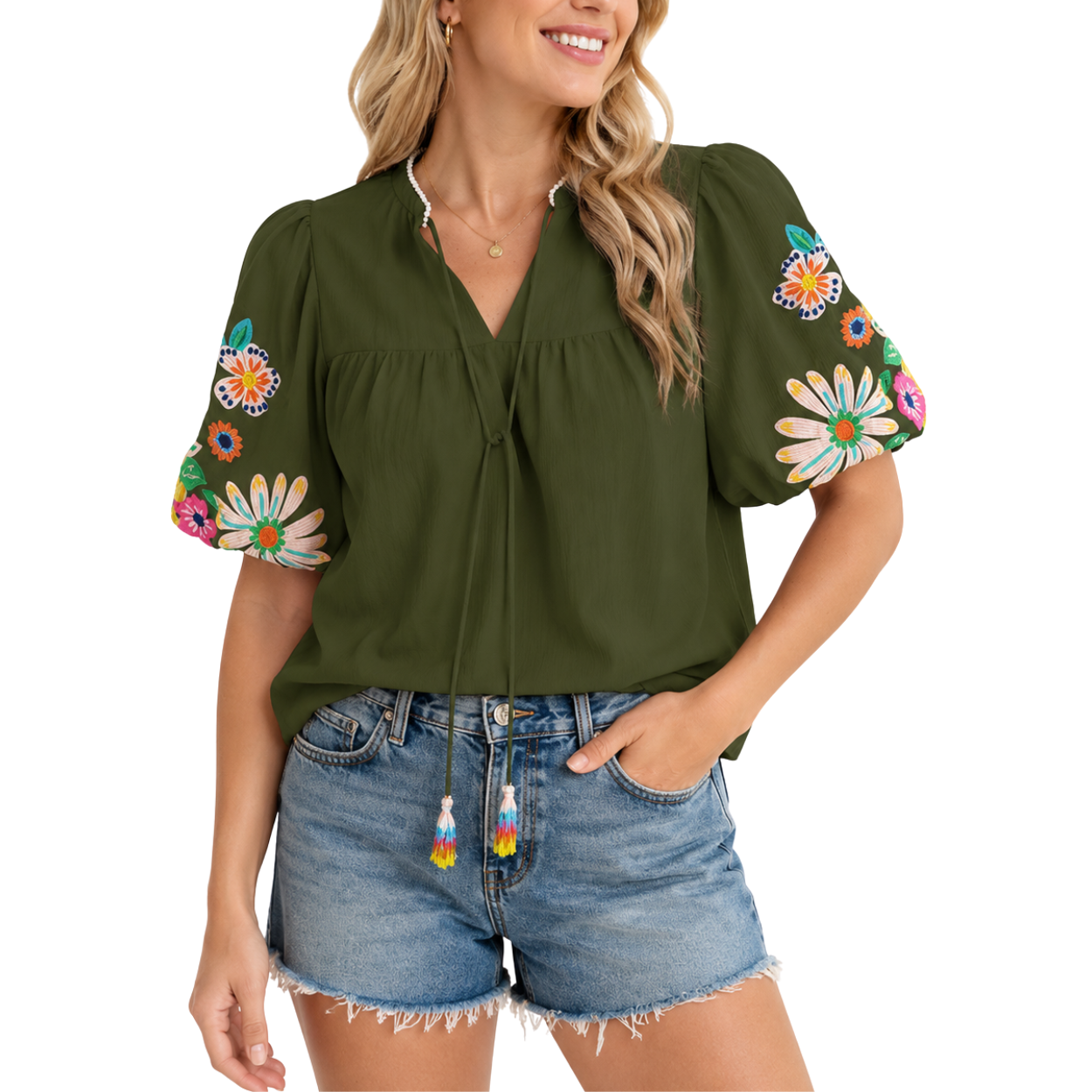 Casual Embroidered Tops V Floral Short Puff Sleeve 