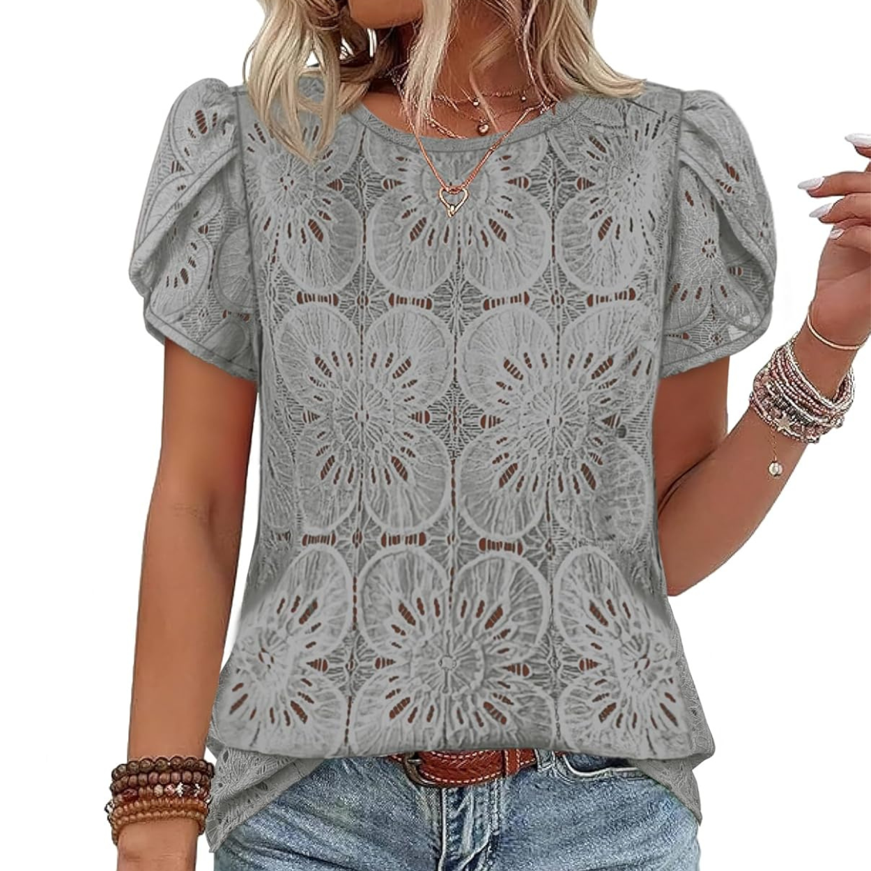 Casual Crochet Petal Short Sleeve Shirt Blouse For Women